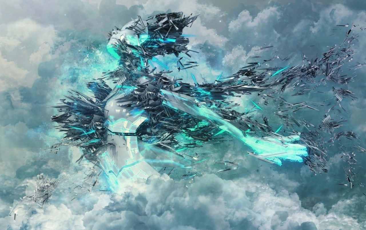 雲朵 桌布 壁紙 — 一個破碎的數位實體，在旋轉的暴風雲中發出發光的青色能量爆發。
