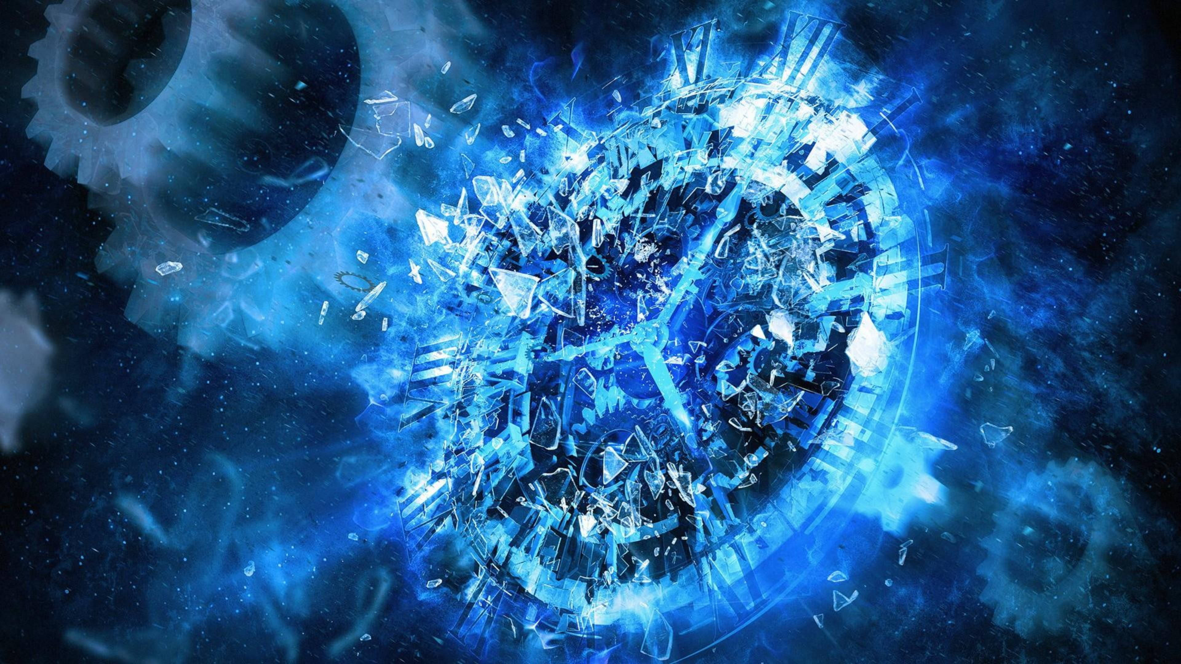 設計 桌布 壁紙 — 一個破碎的數位時鐘在宇宙星空中發出電藍色碎片的光芒，並有漂浮的齒輪。