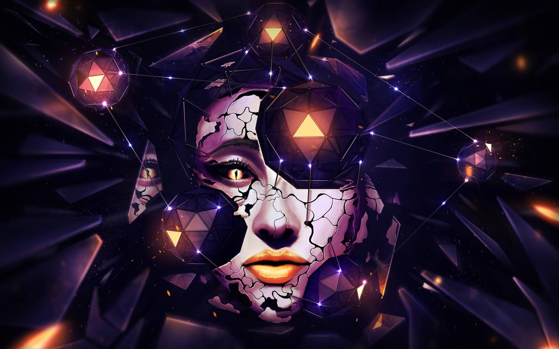 artwork 桌布 壁紙 — 一個破碎的數位肖像，描繪一位女性，眼睛發光，幾何晶體漂浮在她周圍的黑暗宇宙空間中。