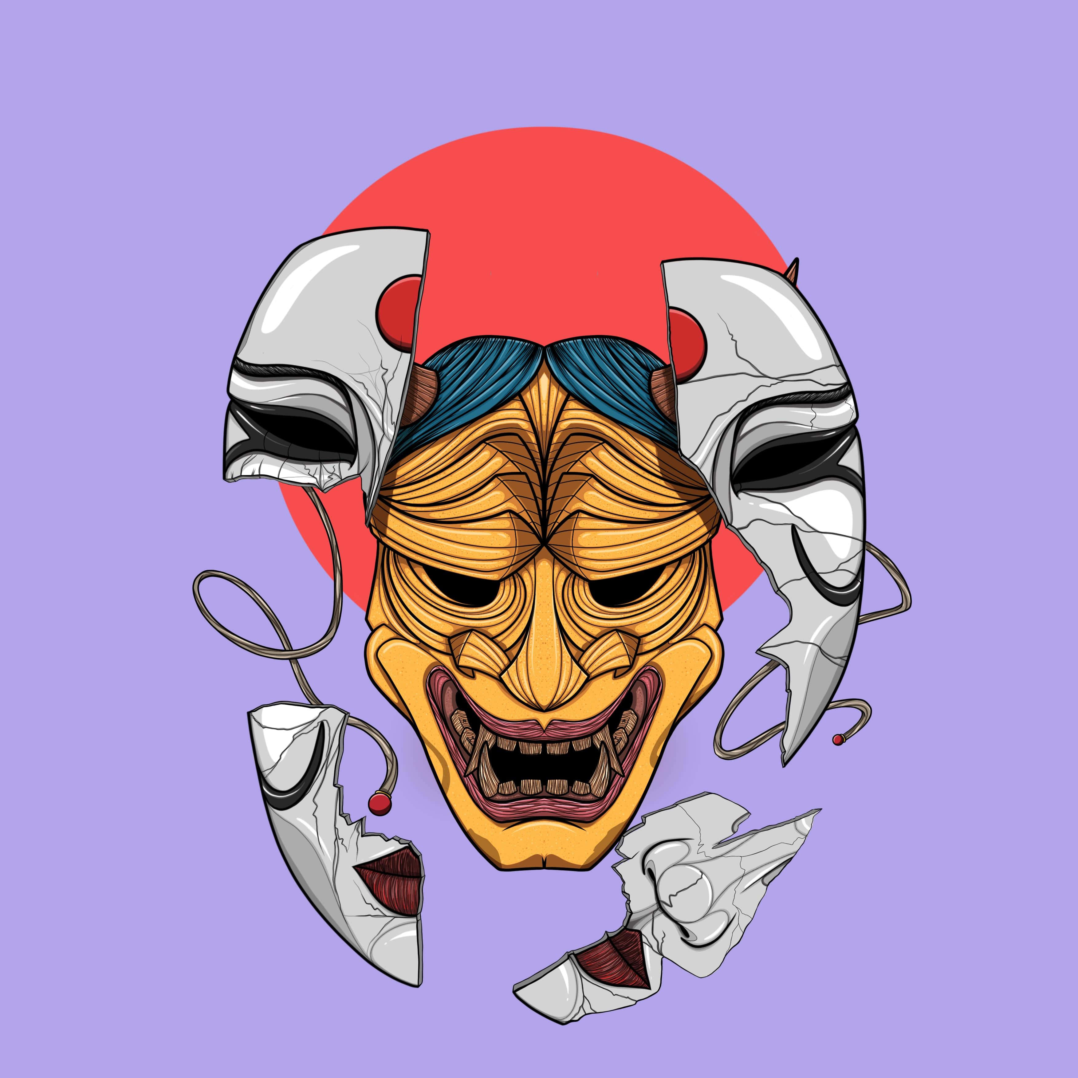 Yokai 桌布 壁紙 — 一個破碎的日本鬼面具，帶有鋸齒狀的銀色碎片和背後的一輪紅日，背景為薰衣草色。