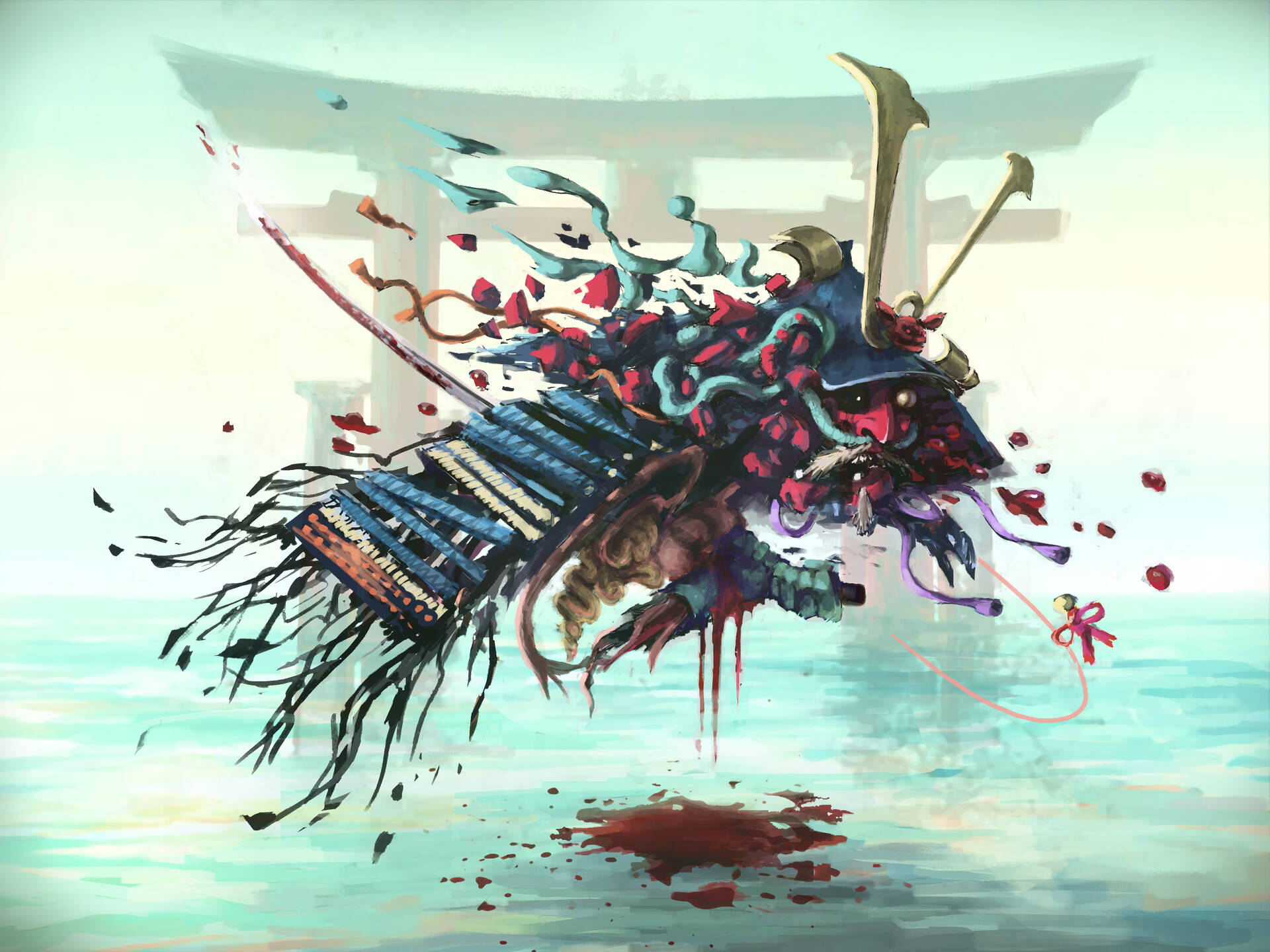 Seppuku 桌布 壁紙 — 一個破碎的武士戰士穿著華麗盔甲，在淡色鳥居背景下猛烈爆裂飛濺。
