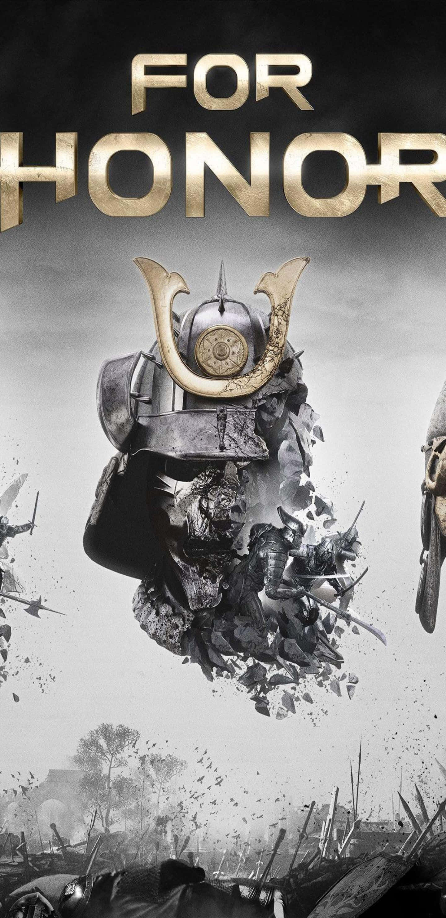 For Honor 桌布 壁紙 — 一個破碎的武士頭盔，帶有金色點綴，漂浮在一個充滿折斷長矛和戰爭碎片的戰場上空，天空灰暗。