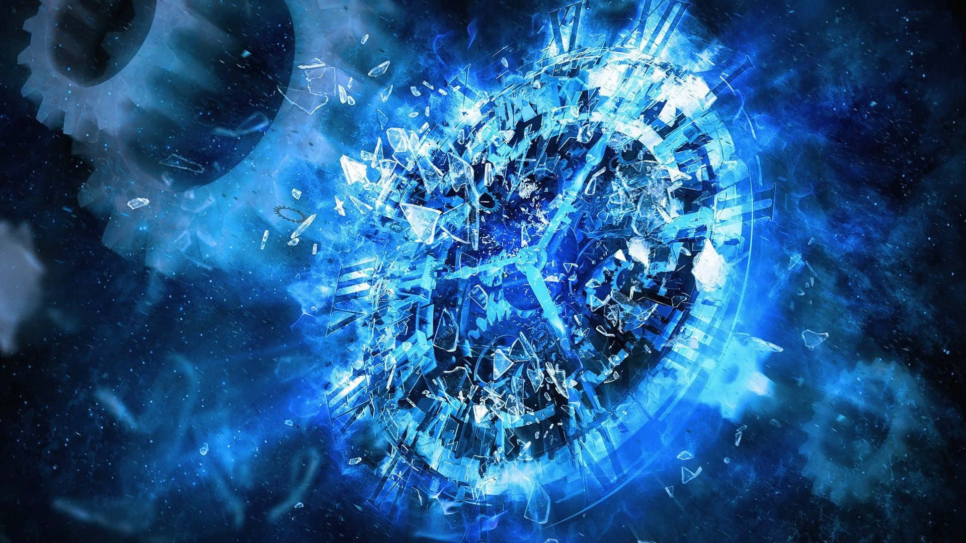 時鐘 桌布 壁紙 — 一個破碎的水晶球體在浮動齒輪和星雲的宇宙背景下爆炸出電藍色能量。