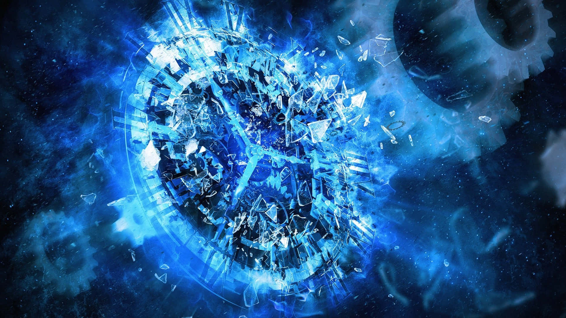 時鐘 桌布 壁紙 — 一個破碎的水晶齒輪在宇宙星空中爆炸，釋放出充滿活力的藍色能量，碎片漂浮。