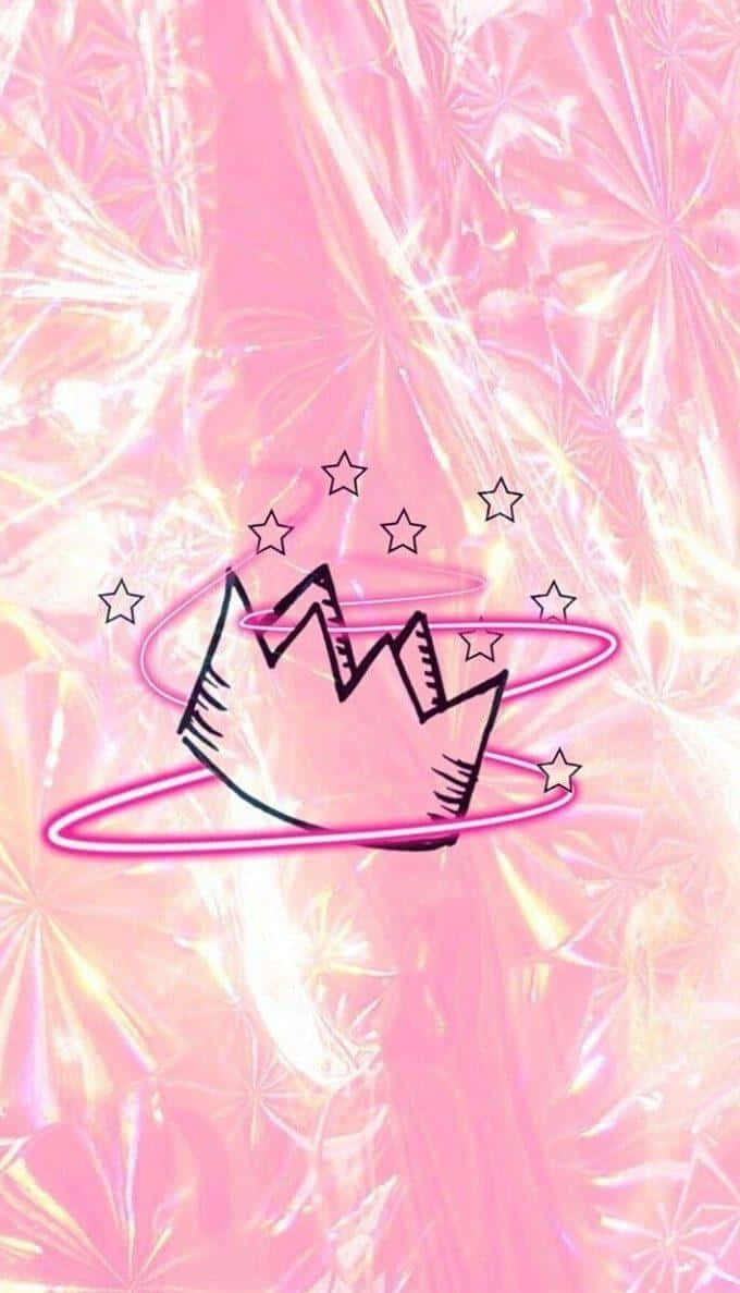 桌布 壁紙 — 一個破碎的王冠，帶有發光的粉紅色光環和星星，漂浮在閃爍的粉紅色和金色抽象背景上。
