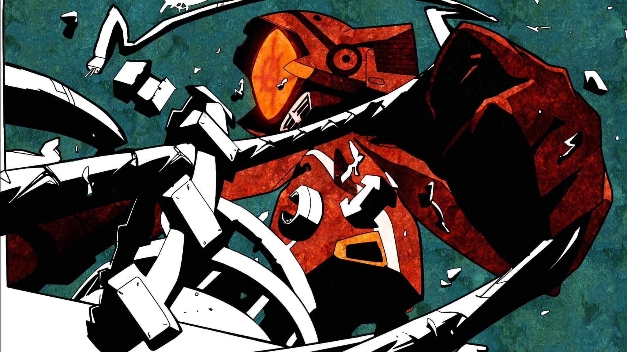Flcl 桌布 壁紙 — 一個破碎的紅白機器人躺在青綠色背景上，碎片飛揚。