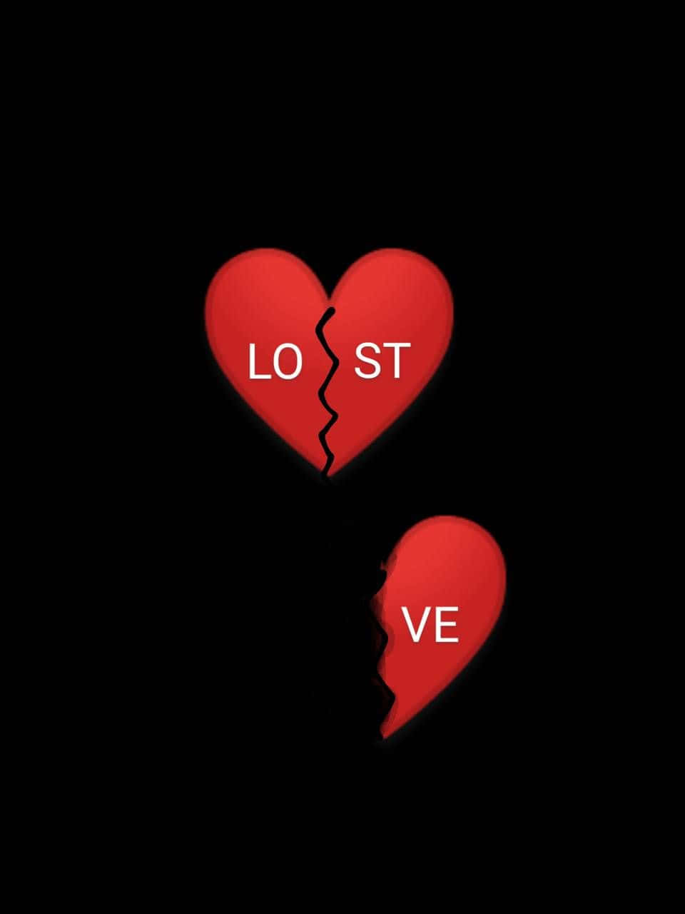 Heartbreaks 桌布 壁紙 — 一個破碎的紅色心形，帶有「LOST」和「VE」文字碎片，背景為黑色。