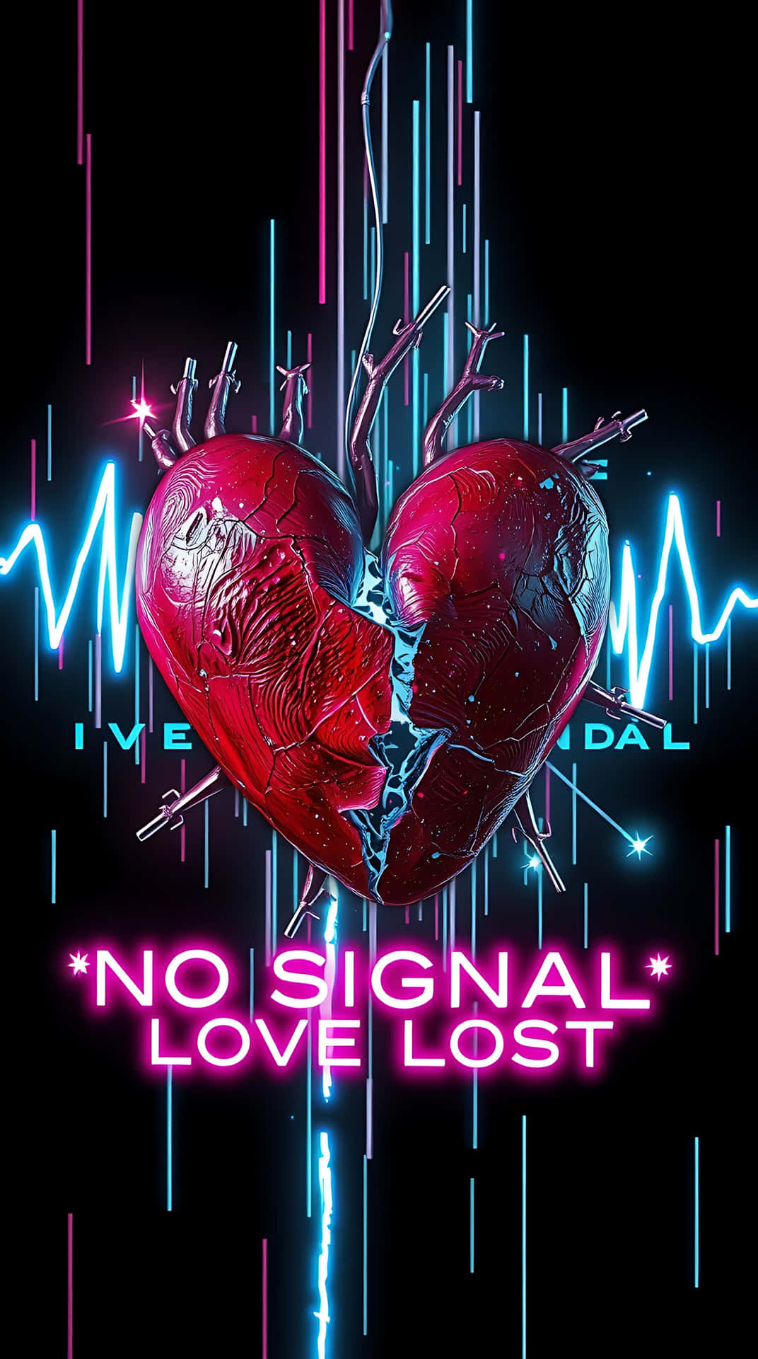 Static Heartbeat Digital Glitch Love 38-1 壁紙 — 一個破碎的紅色心臟，帶有暴露的血管和箭頭刺穿，在黑色背景上發光，帶有霓虹藍和粉紅色的垂直條紋和心跳線。