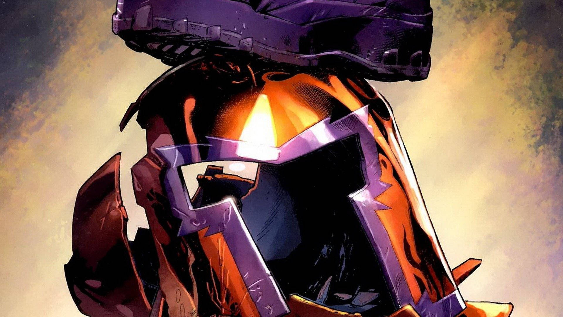 Magneto 桌布 壁紙 — 一個破碎的紫色和橙色裝甲頭盔的特寫，帶有發光的眼睛，背景是煙霧繚繞的金色。