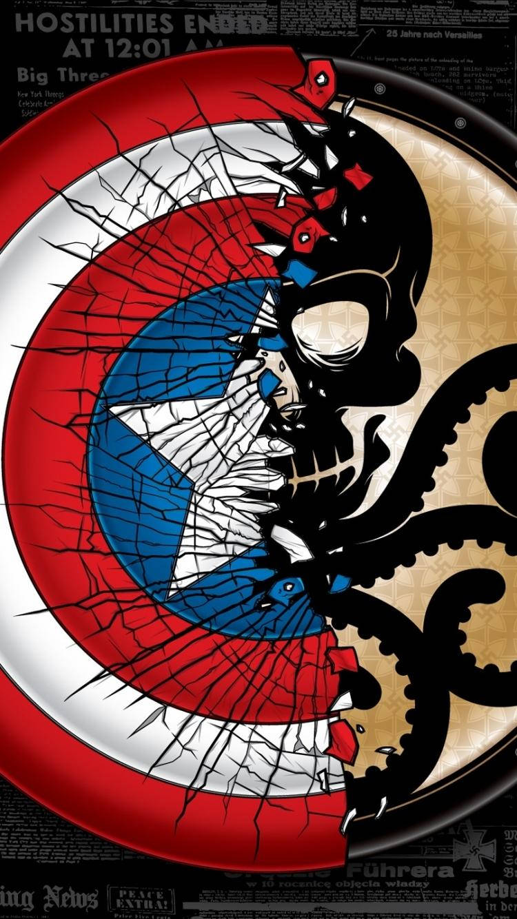 美國隊長 iPhone 桌布 壁紙 — 一個破碎的美國隊長盾牌，其破碎的中心冒出一個骷髏頭和觸手，背景是報紙。