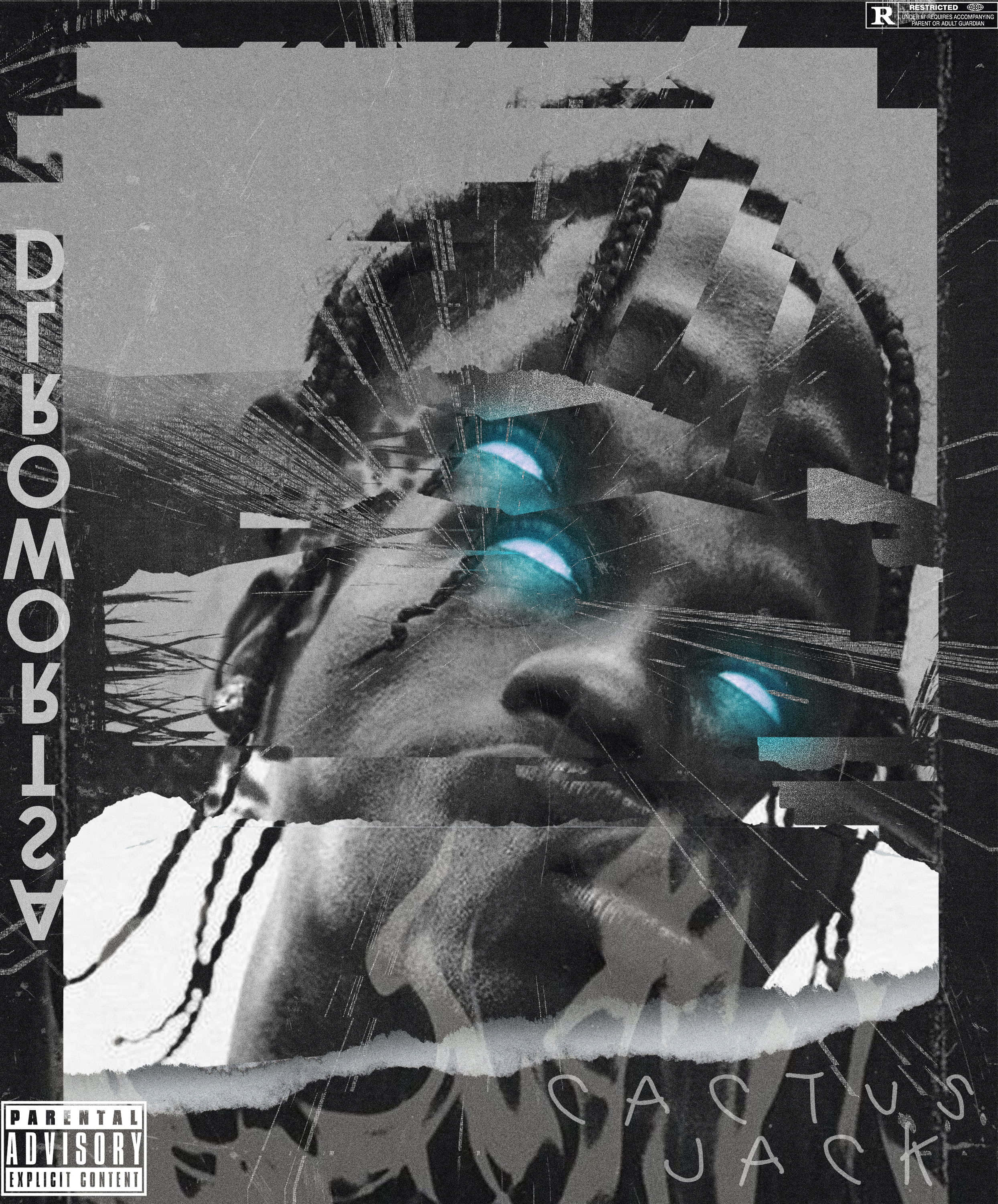 Astroworld 桌布 壁紙 — 一個破碎的黑白肖像，一個男人，有發光的藍眼睛和辮子，覆蓋著撕裂的紙張紋理和文字。
