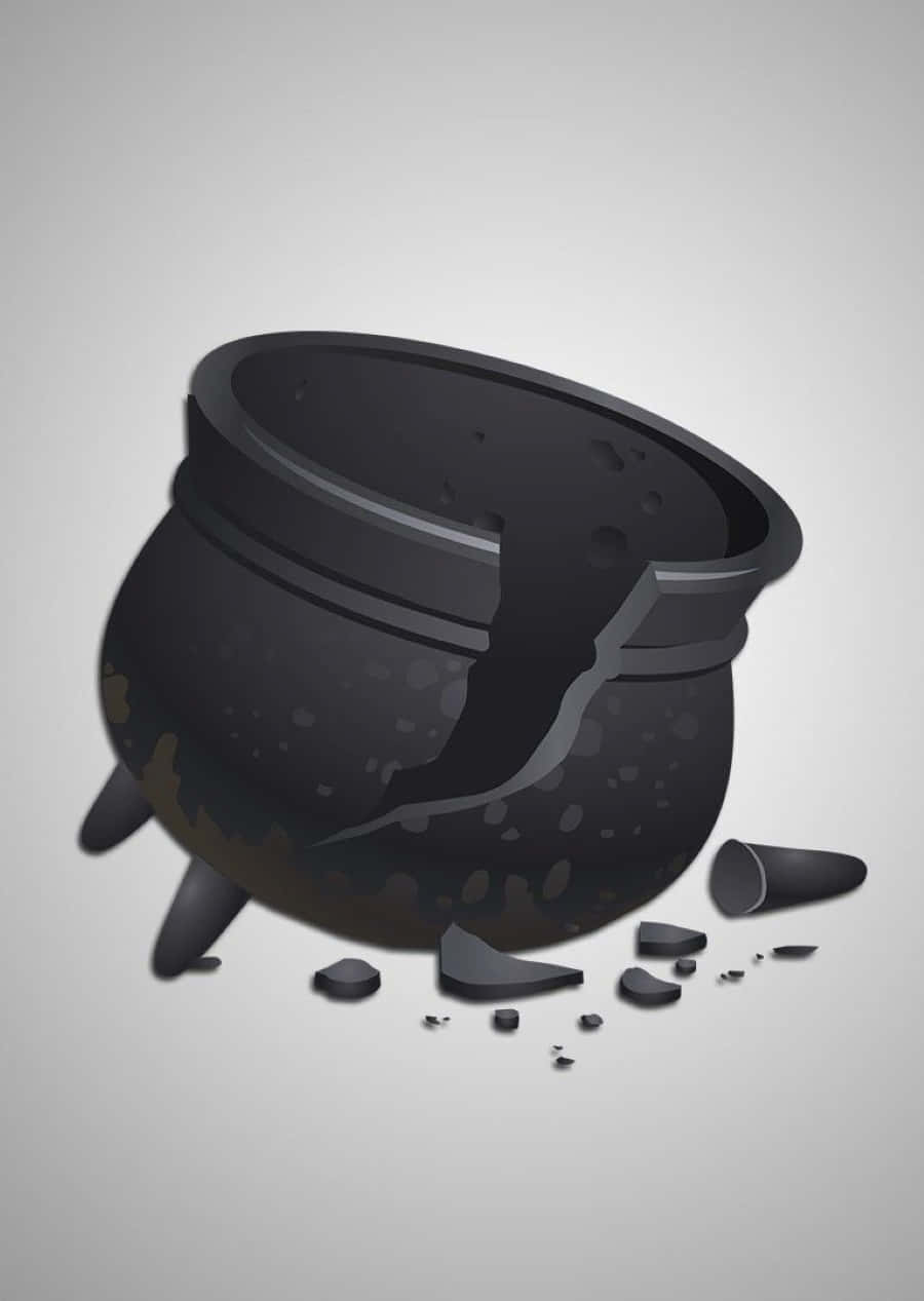 cauldron 桌布 壁紙 — 一個破碎的黑色大鍋，碎片散落在純灰色背景上。