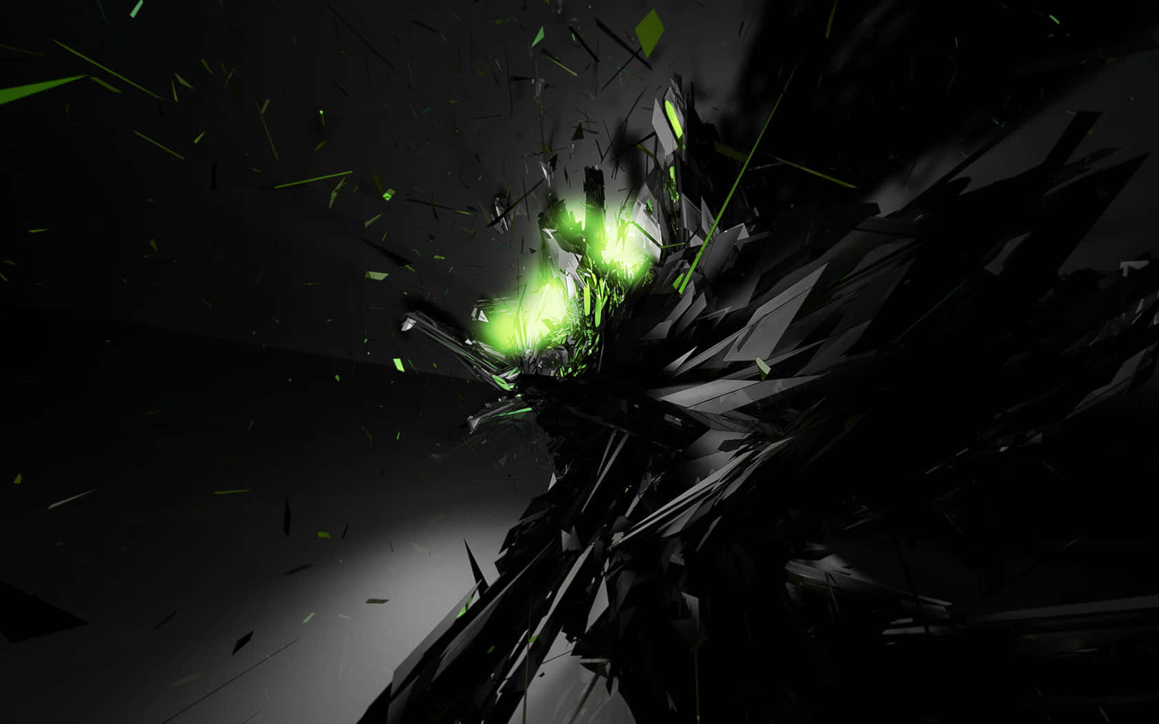 Dark Abstract Art 桌布 壁紙 — 一個破碎的黑色物體在黑暗背景上爆炸出充滿活力的綠色能量。