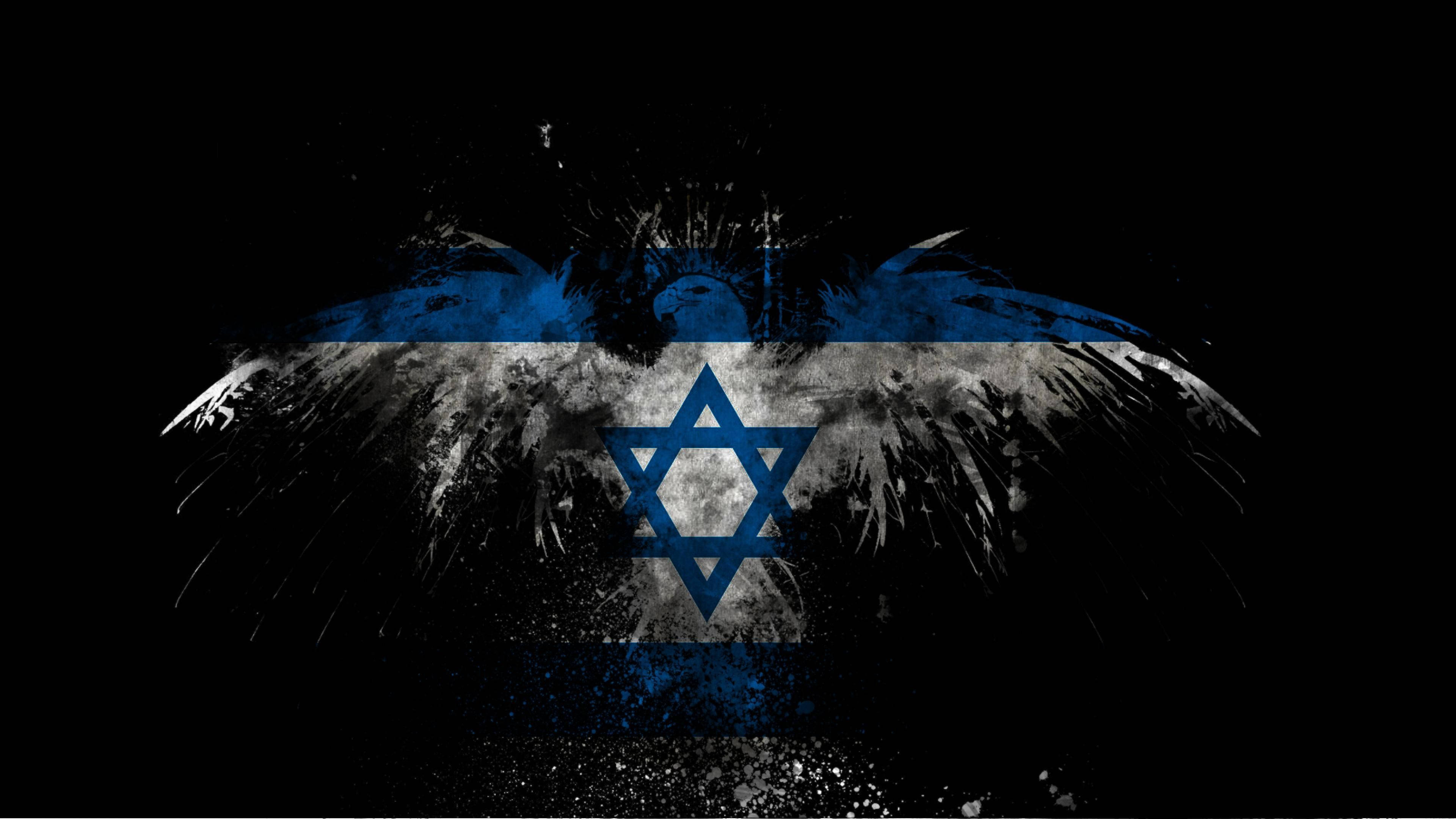 Israel Flag 桌布 壁紙 — 一個破舊的以色列國旗在黑色背景上形成一隻展翅鳥的剪影。