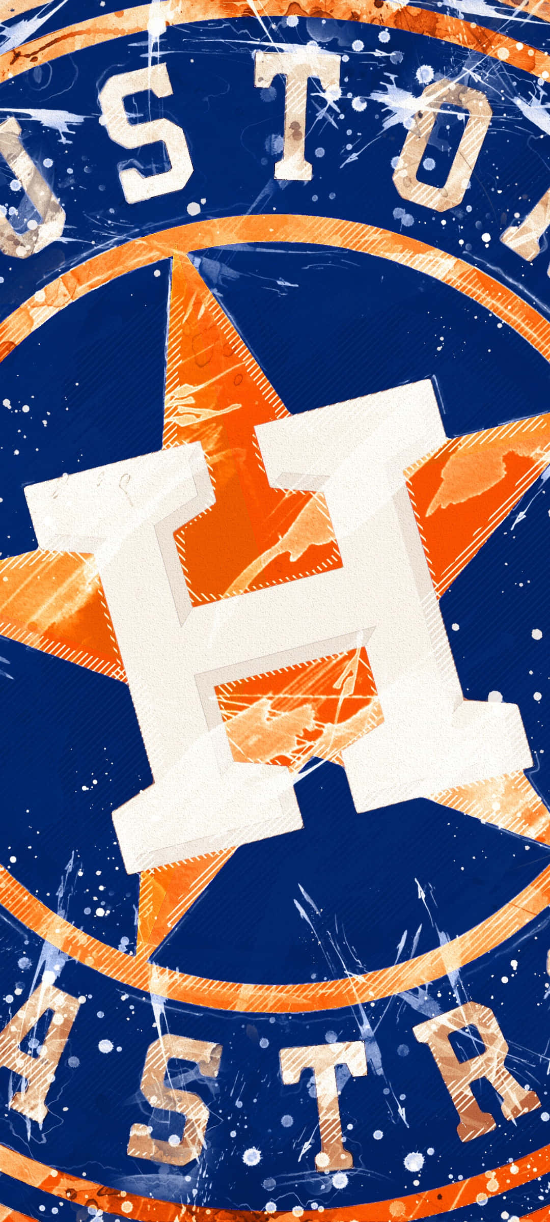 Astros 桌布 壁紙 — 一個破舊的休士頓太空人隊標誌，帶有醒目的橙色星星和白色「H」，位於深藍色背景上，並帶有油漆飛濺效果。