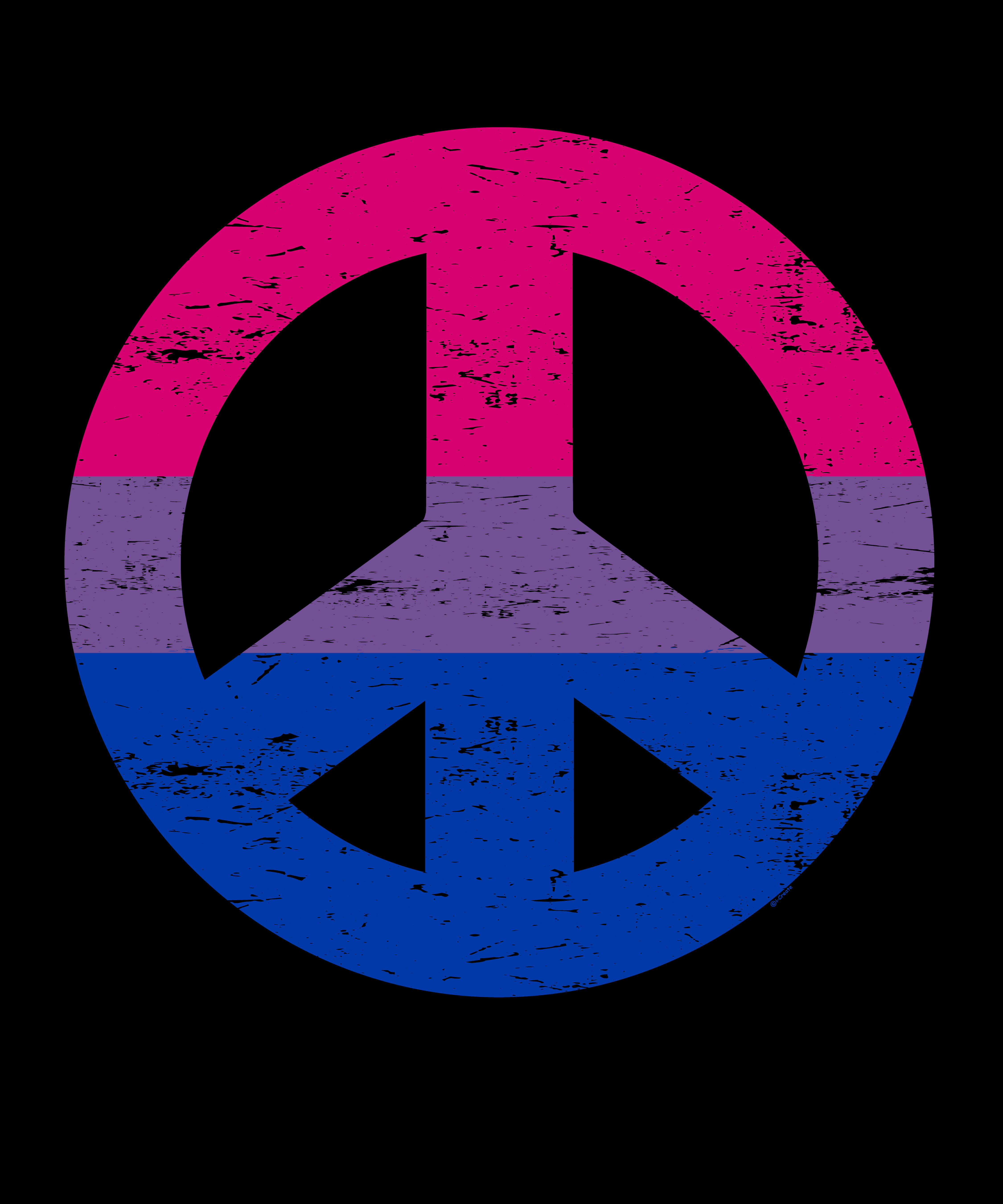 Bi Flag 桌布 壁紙 — 一個破舊的和平符號，填充了雙性戀旗幟的顏色粉紅、紫色和藍色，背景為黑色。