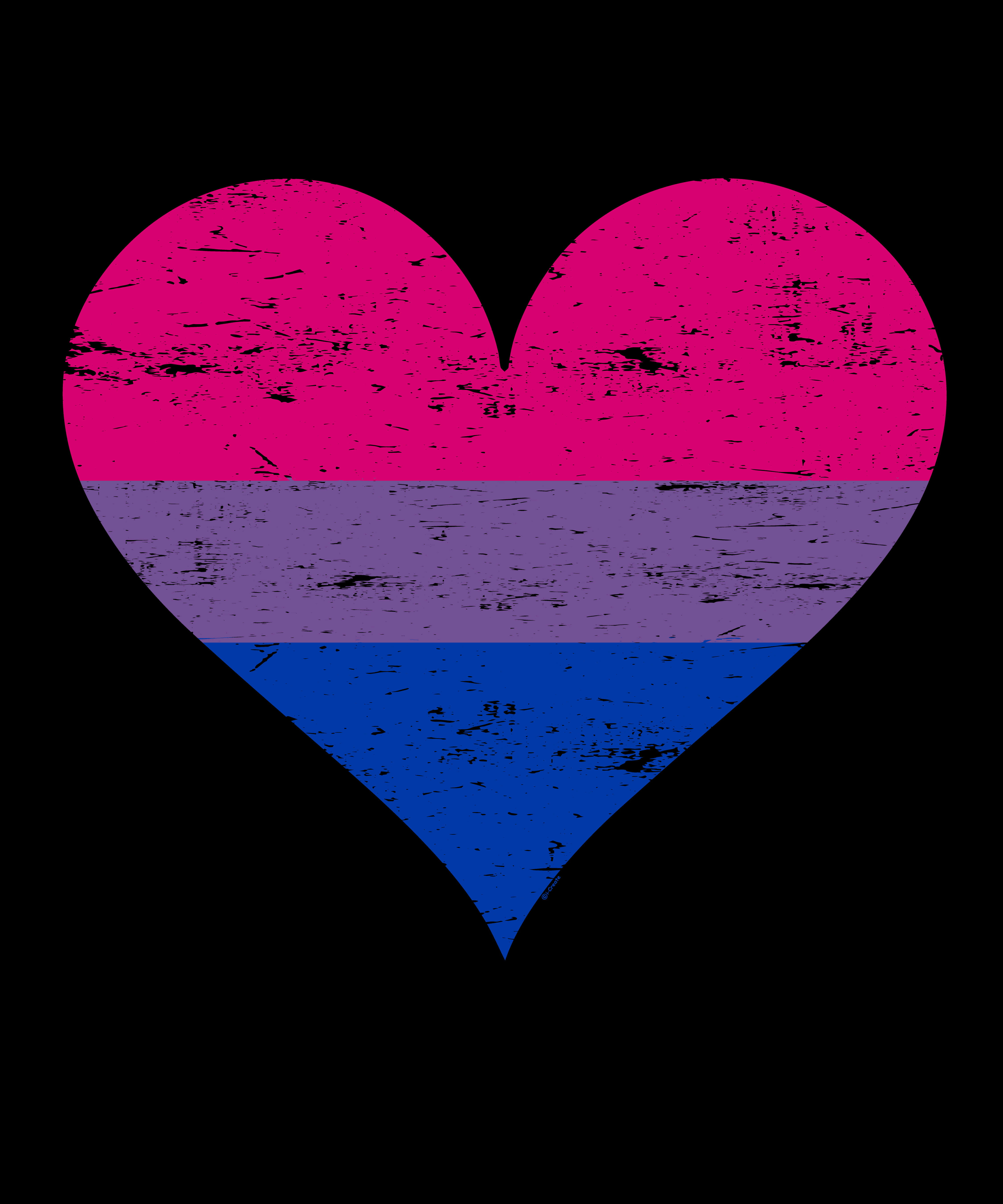 Bi Flag 桌布 壁紙 — 一個破舊的心形，填充了雙性戀旗幟的顏色粉紅色、紫色和藍色，背景為黑色。