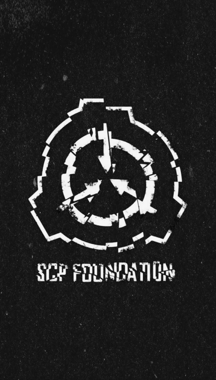 SCP 桌布 壁紙 — 一個破舊的白色SCP Foundation標誌，位於粗糙的黑色背景上，下方有粗體文字。
