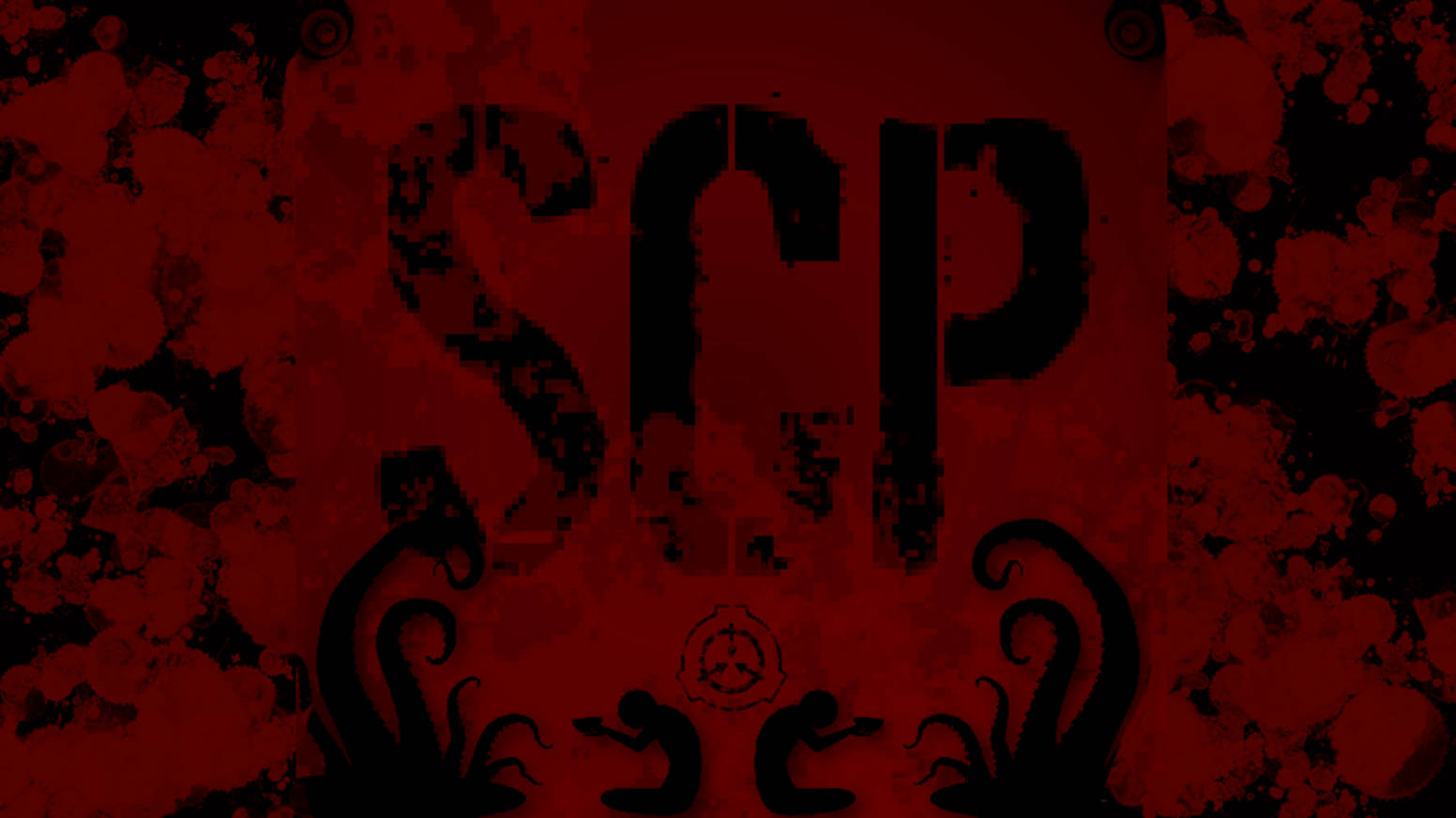 SCP 桌布 壁紙 — 一個破舊的紅色和黑色SCP Foundation標誌，帶有觸手和飛濺物，背景骯髒。
