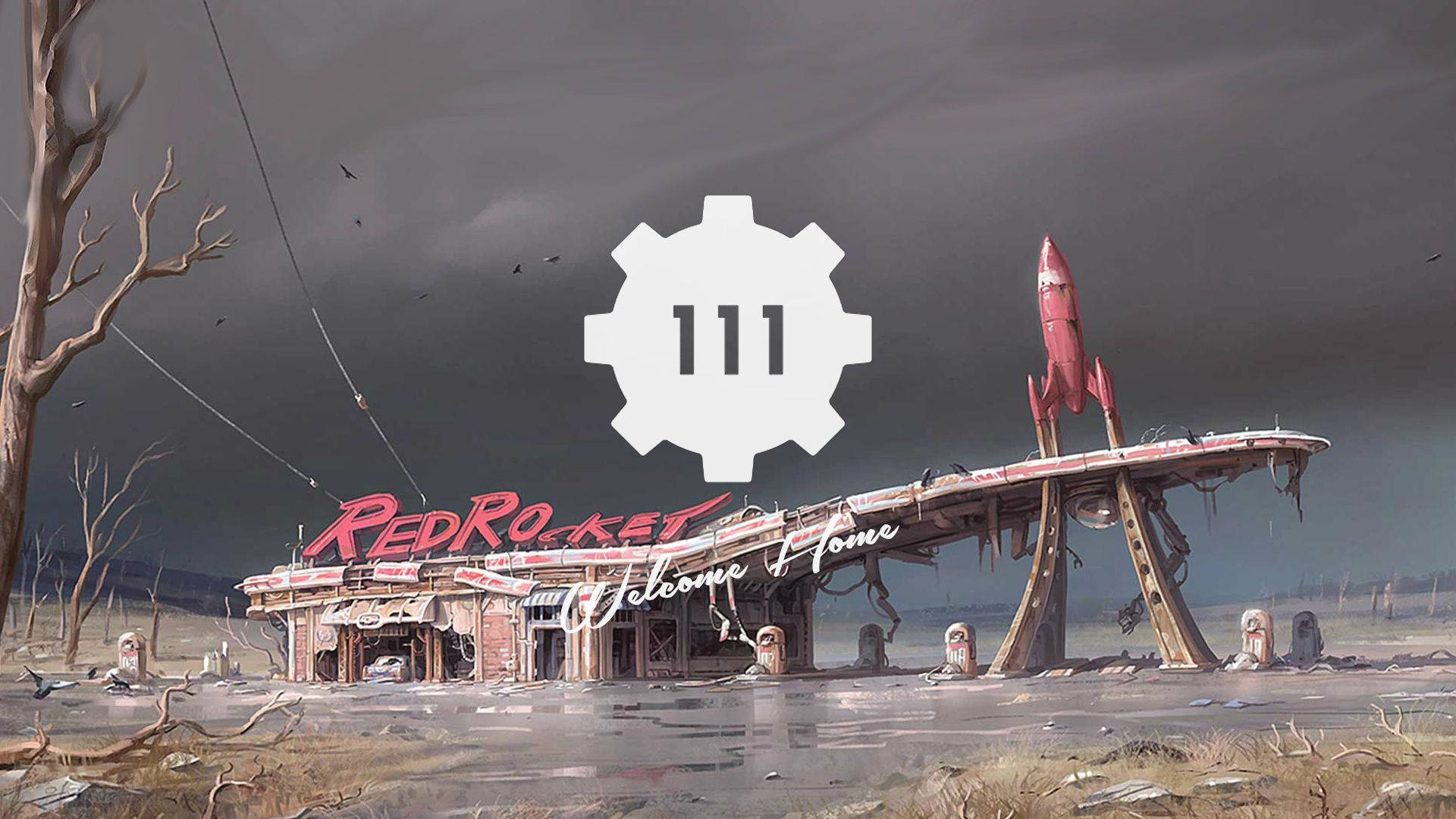 Fallout 4 桌布 壁紙 — 一個破舊的紅色火箭主題加油站沉入被洪水淹沒的荒地，暴風雨的天空下有一個巨大的齒輪標誌漂浮在上方。