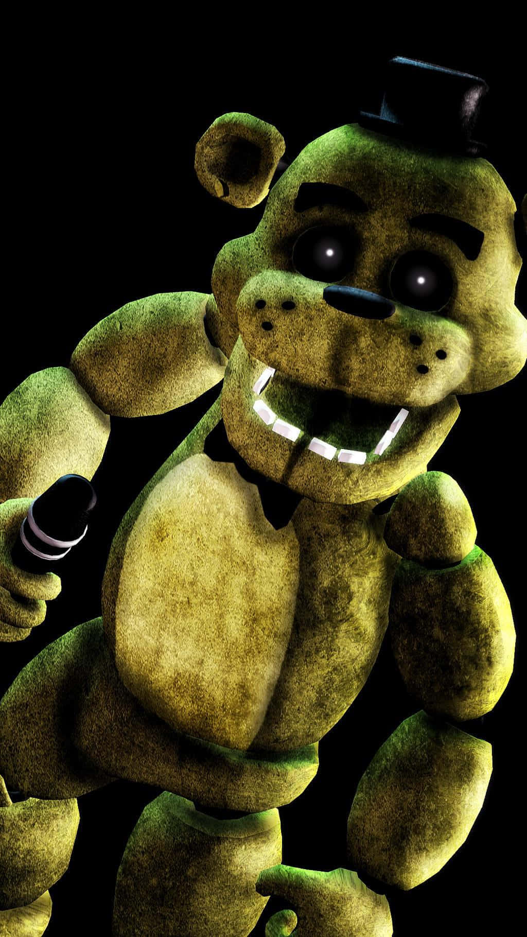 Golden Freddy 桌布 壁紙 — 一個破舊的綠色電子動畫熊，眼睛發光，牙齒鋒利，在黑色背景前拿著麥克風。