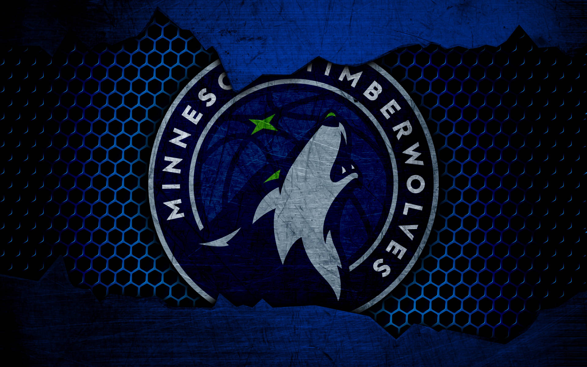 Timberwolves 桌布 壁紙 — 一個破舊的藍色六角網格背景揭示了明尼蘇達灰狼隊的標誌，有一隻嚎叫的狼和綠色星星。