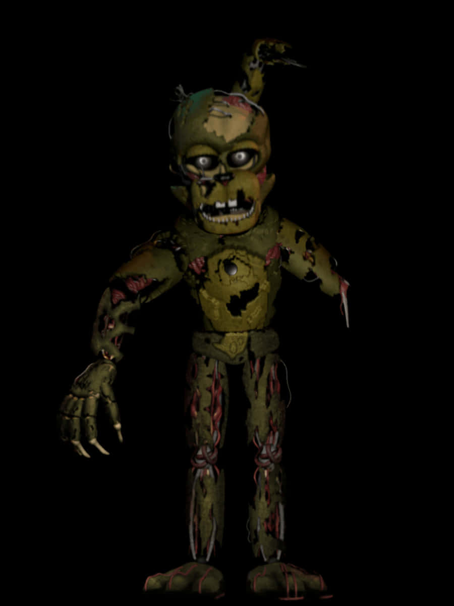 Scraptrap 桌布 壁紙 — 一個破舊的電子動畫，帶有外露的電線和血跡，站在黑色背景前。