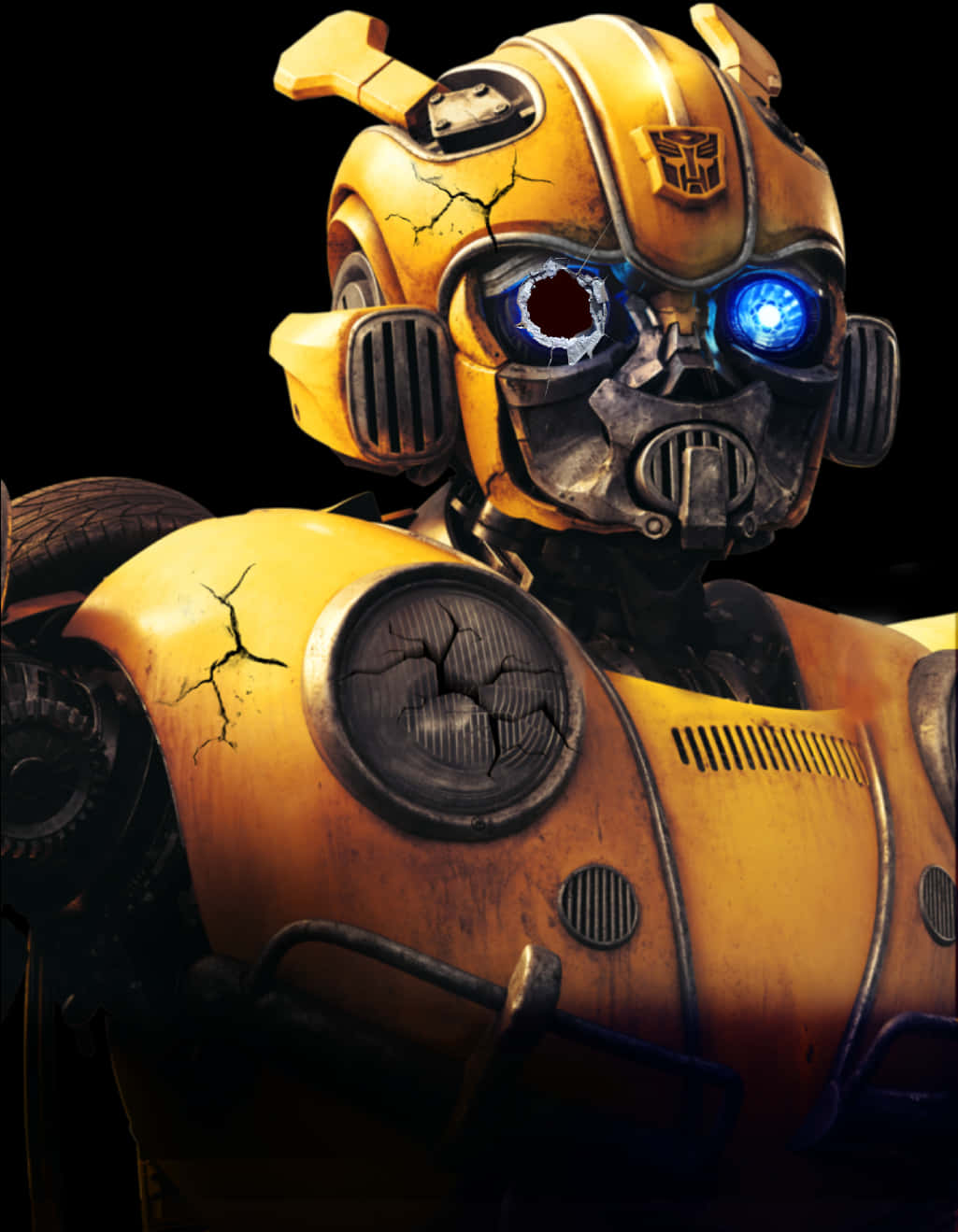 Transformers Bumblebee 桌布 壁紙 — 一個破舊的黃色機器人，帶有發光的藍色眼睛和破裂的裝甲，在黑色背景下強烈凝視。
