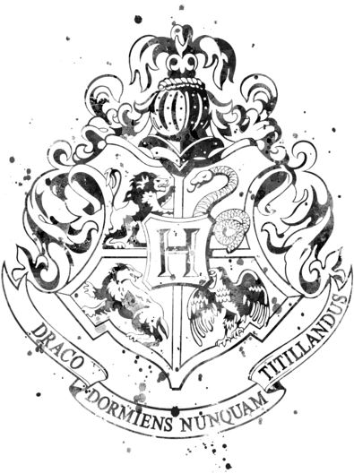 Hogwarts Crest 桌布 壁紙 — 一個破舊的黑白霍格華茲徽章，帶有飛濺墨水效果和褪色的徽章細節。