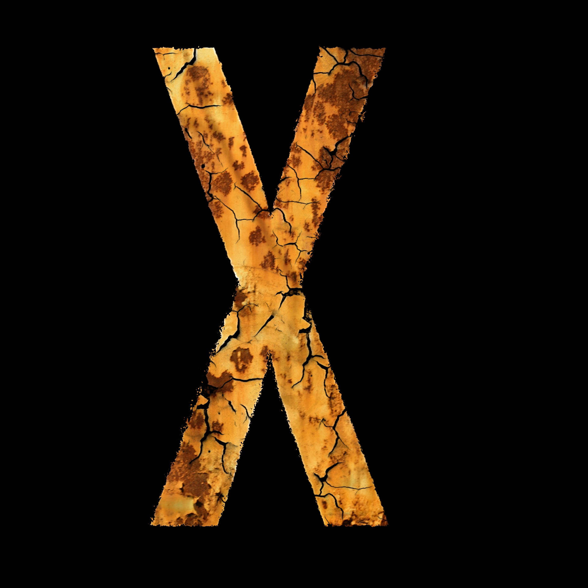X 桌布 壁紙 — 一個破裂生鏽的字母X在鮮明的黑色背景上大膽聳立，帶有紋理的橙色和棕色腐朽。