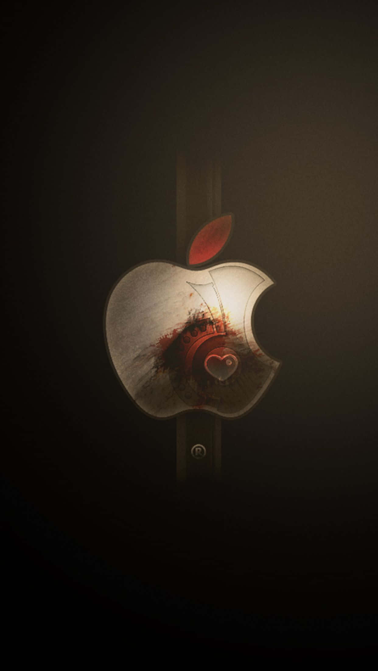 iPhone X Apple Logo 桌布 壁紙 — 一個破裂的Apple標誌，在其咬痕內有一個發光的紅色心形，置於深色漸變背景上。