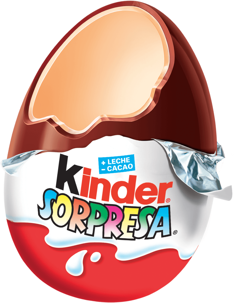 Surprise 桌布 壁紙 — 一個破裂的Kinder Sorpresa蛋，露出帶有彩色品牌和箔紙包裝的奶油餡料。