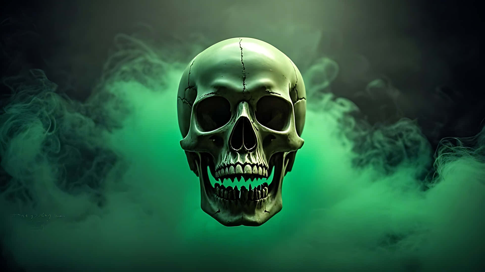 Skull in Green Fog with Fading Screams. skull wallpaper 壁紙 — 一個破裂的人類頭骨在暗色漸變背景上，於旋轉的綠色煙霧中漂浮。