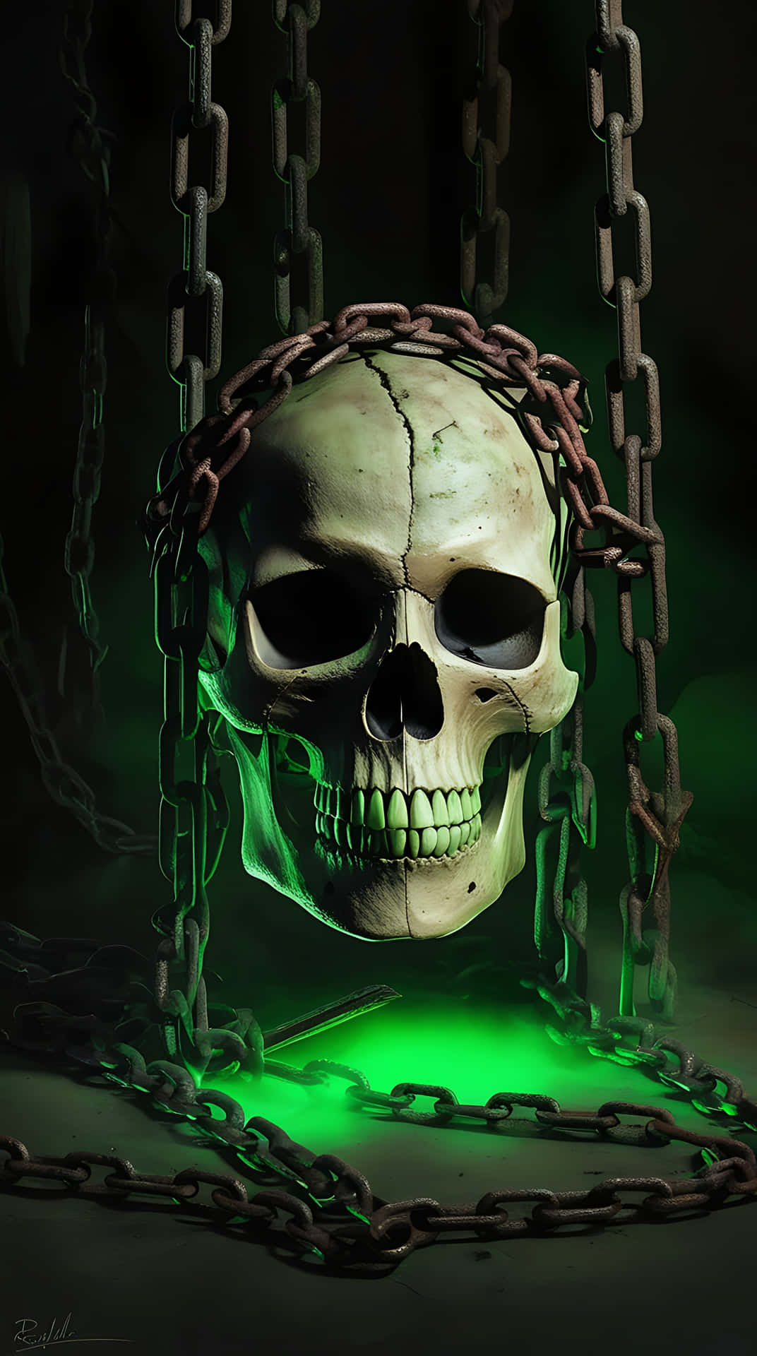 Cursed Skull in Chains of Darkness. smartphone wallpaper 壁紙 — 一個破裂的人類頭骨懸掛在沉重的鎖鏈上，發出詭異的綠色光芒，處於黑暗迷霧的環境中。