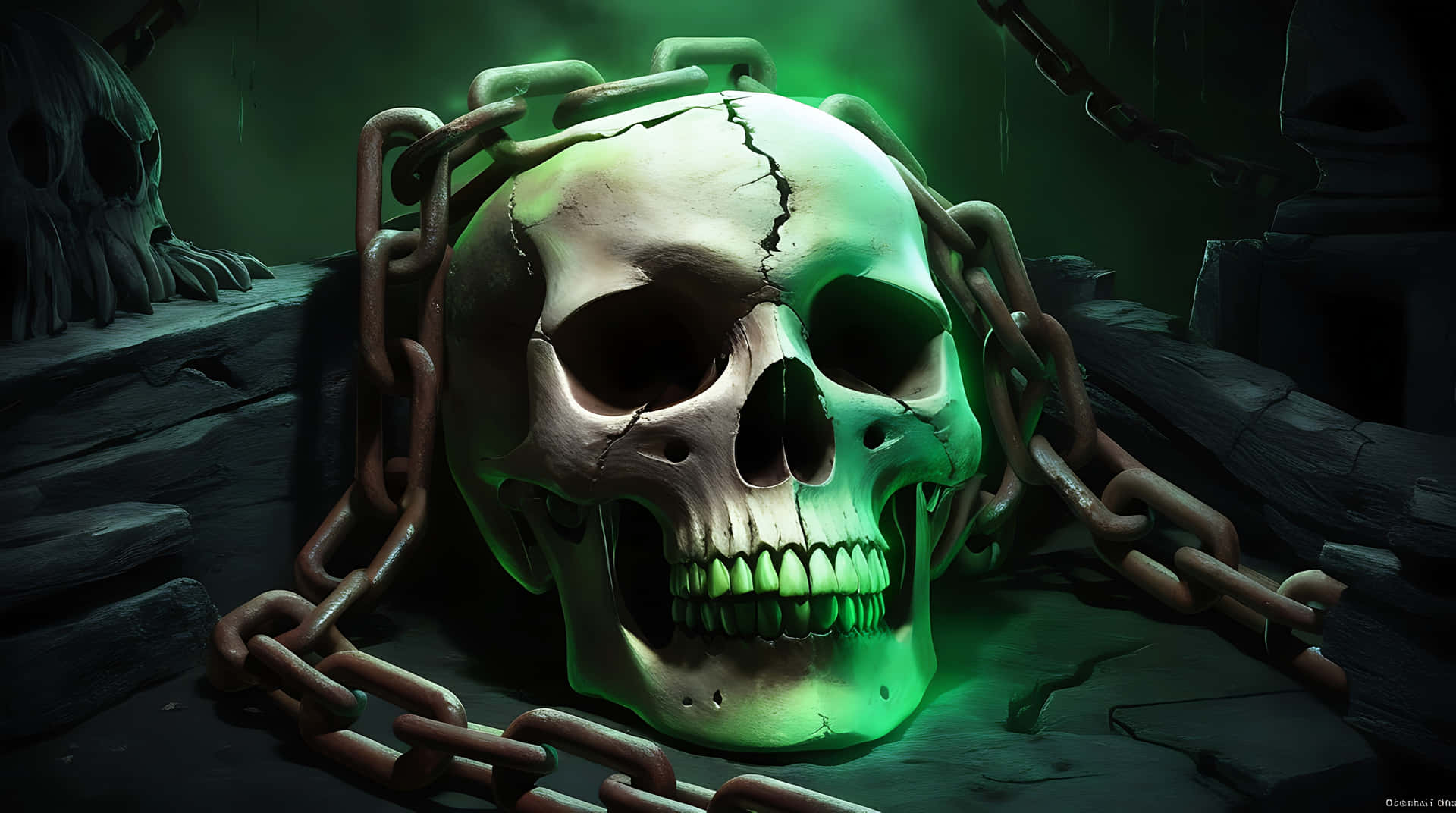 Cursed Skull in Chains of Darkness 壁紙 — 一個破裂的人類頭骨被生鏽的鎖鏈捆綁，在黑暗的石墓中發出詭異的綠光。