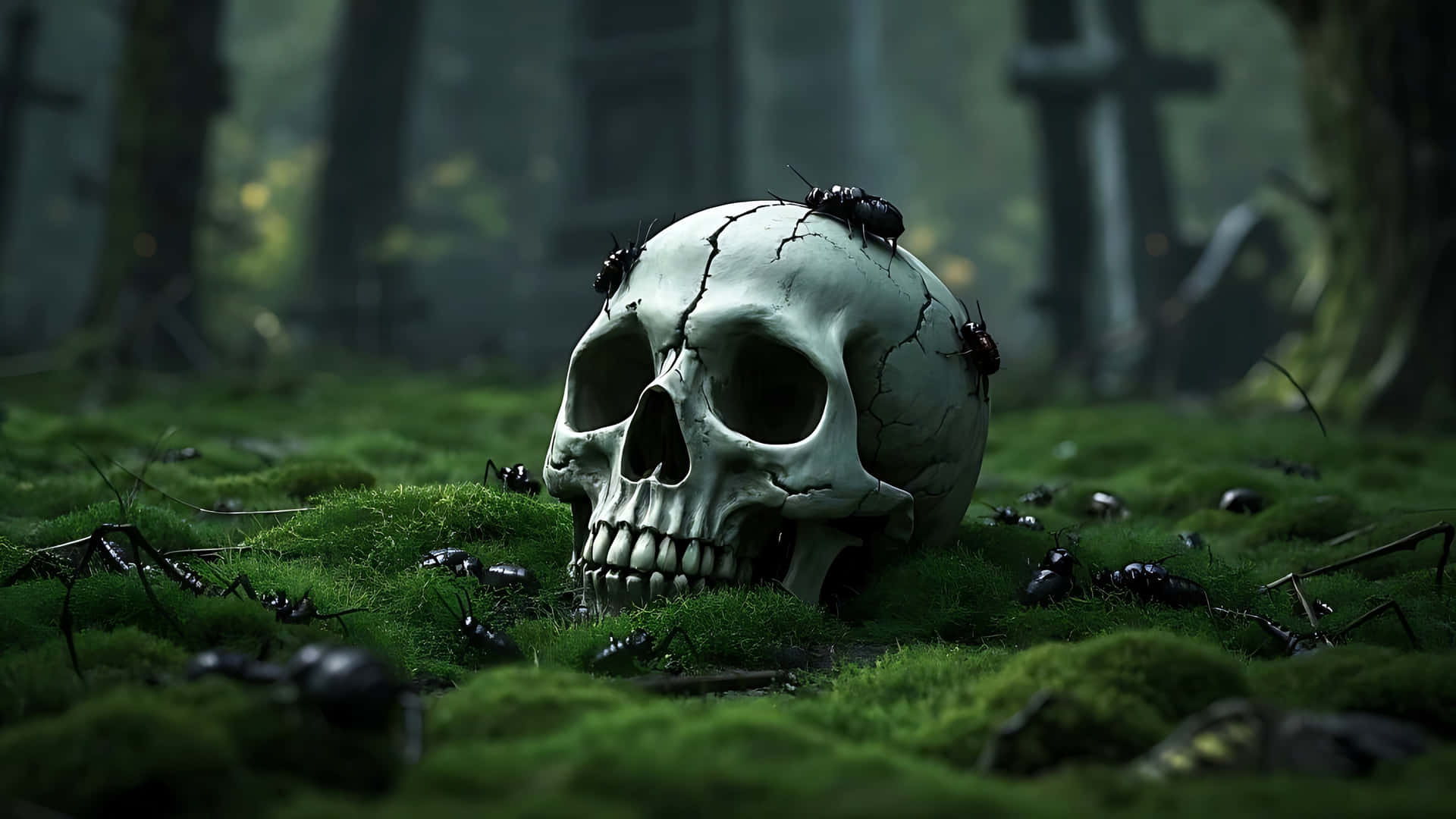 Tormented Skull with Crawling Insects. skull wallpaper 壁紙 — 一個破裂的人類頭骨躺在充滿活力的綠色苔蘚中，周圍有爬行的黑色螞蟻，在霧氣瀰漫的森林中。