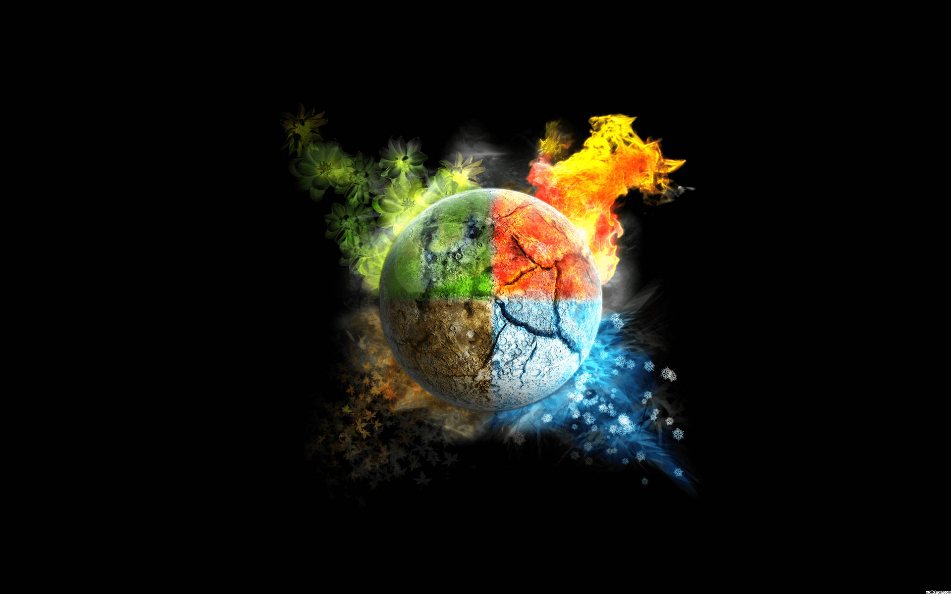 element 桌布 壁紙 — 一個破裂的地球，分成四個元素象限，在黑色虛空中閃耀著火、水、土和空氣。