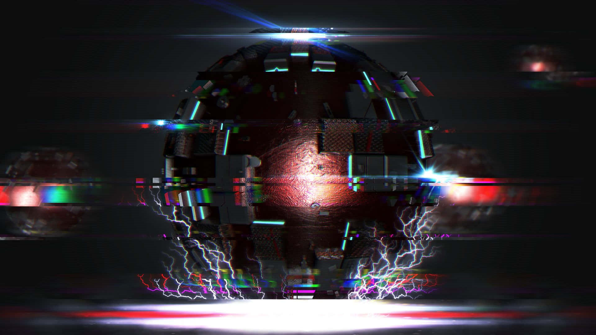 Glitch 桌布 壁紙 — 一個破裂的數位球體在黑暗的故障背景上脈動著霓虹燈光和電火花。
