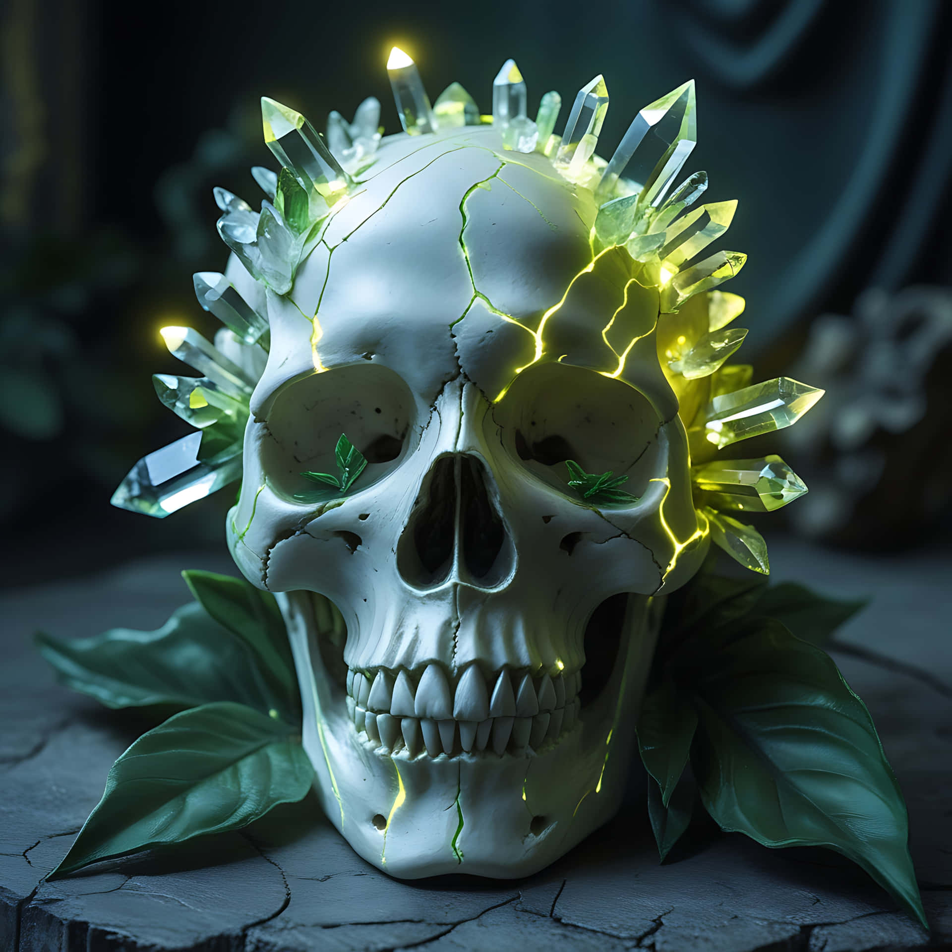 Ethereal Skull with Glowing Crystal Veins. skull wallpaper 壁紙 — 一個破裂的白色頭骨，冠以發光的綠色水晶和葉子，放置在風化的木質表面上。