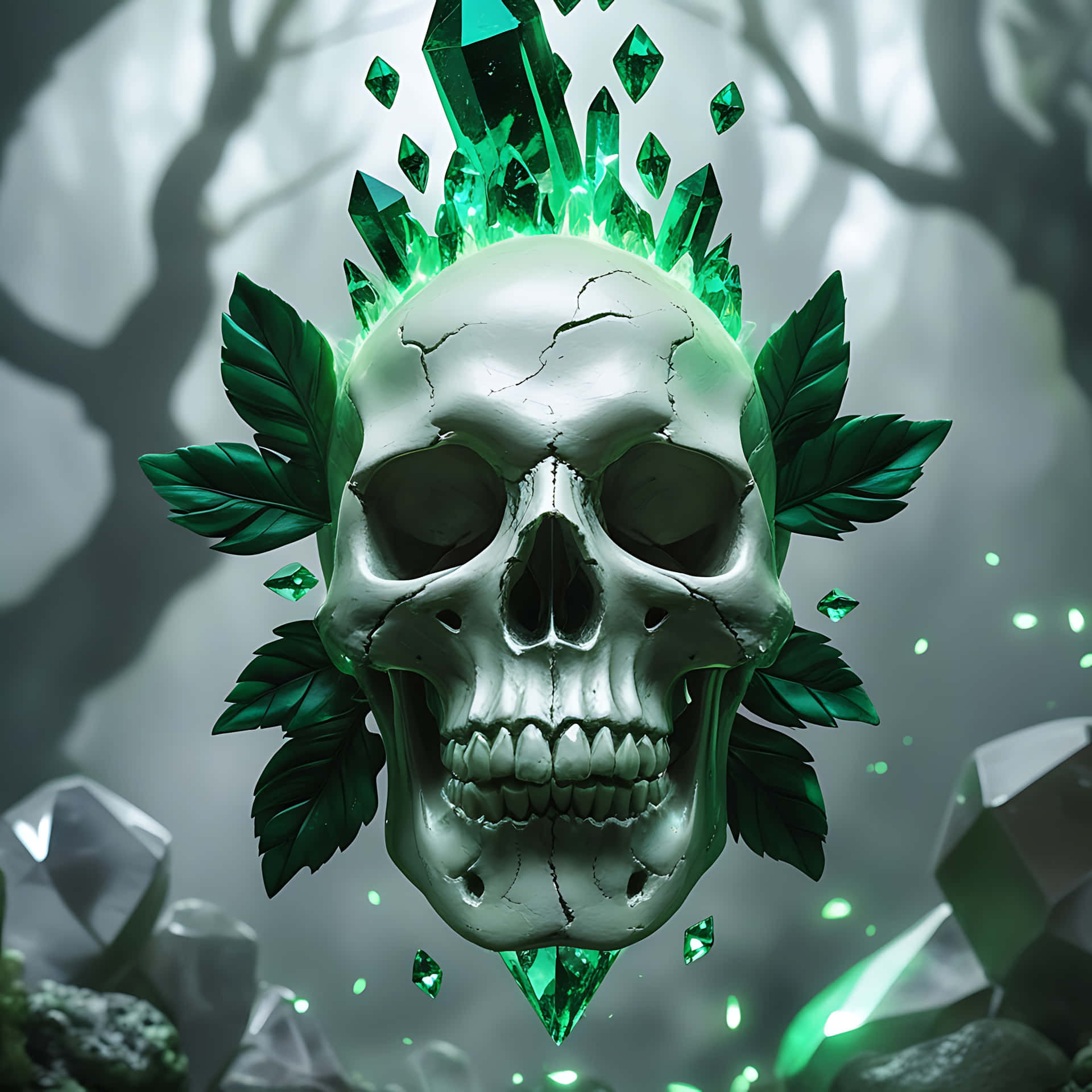 Mystic Skull with Emerald Flames and Floating Crystals 壁紙 — 一個破裂的白色頭骨，飾有發光的綠色水晶和深色葉子，漂浮在迷霧森林的樹枝和散落的寶石之間。