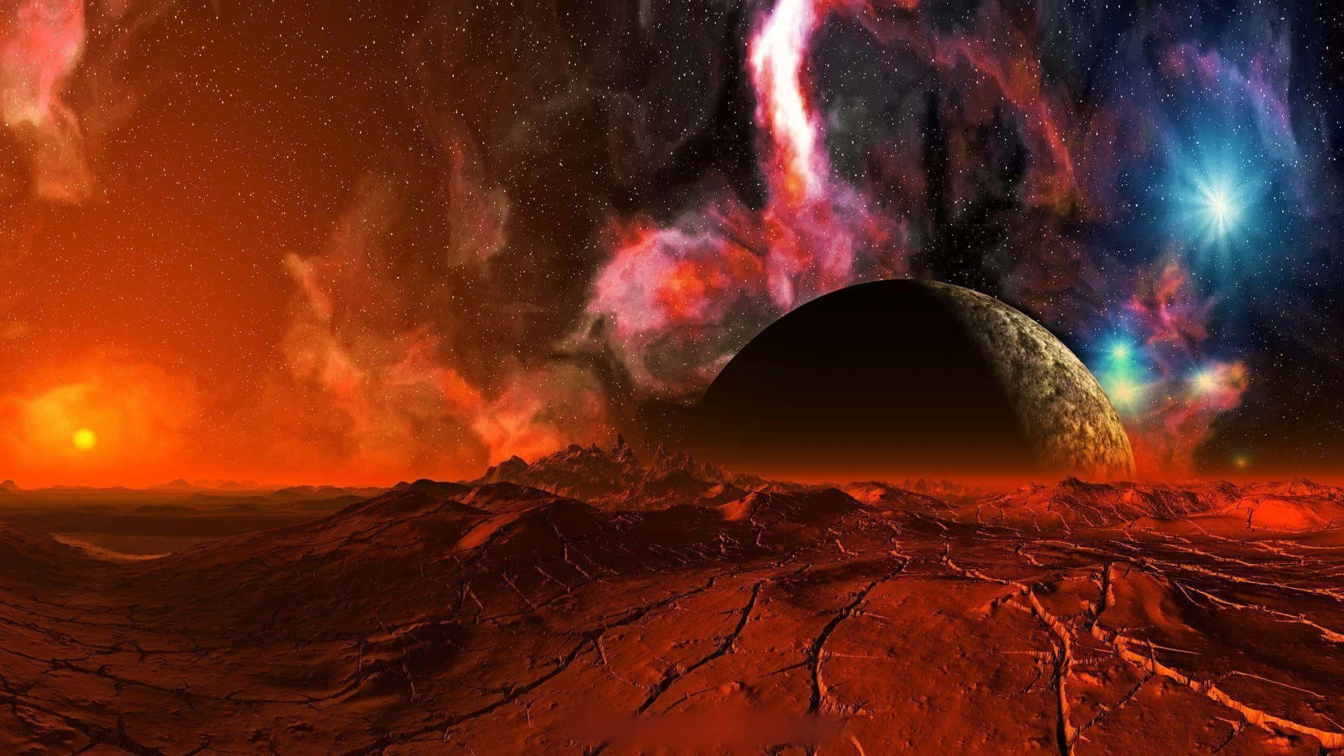 酷炫太空 桌布 壁紙 — 一個破裂的紅色外星行星，位於充滿活力的星雲下，伴隨著一顆大衛星和宇宙天空中閃爍的星星。