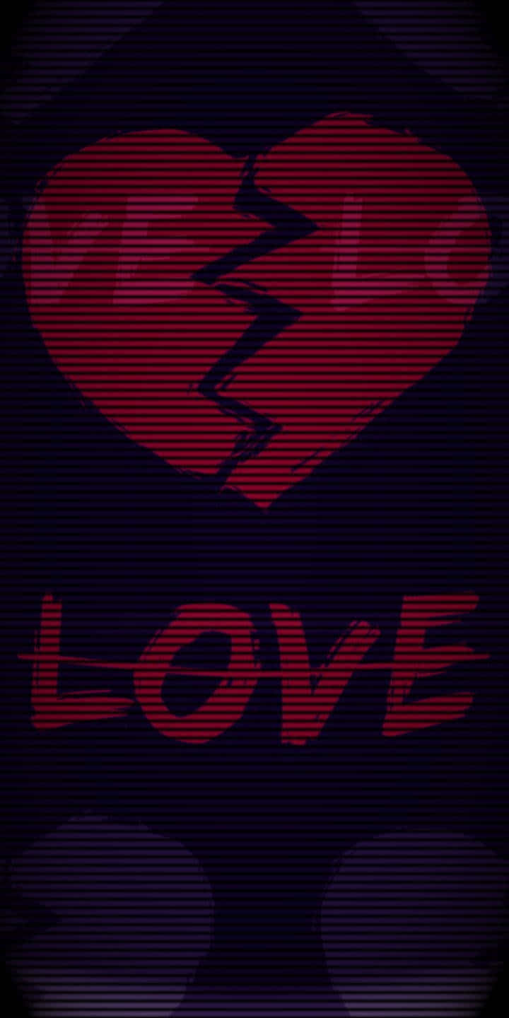 Broken 桌布 壁紙 — 一個破裂的紅色心形，帶有「LOVE」字樣的故障紅色文字，背景為深紫色條紋。