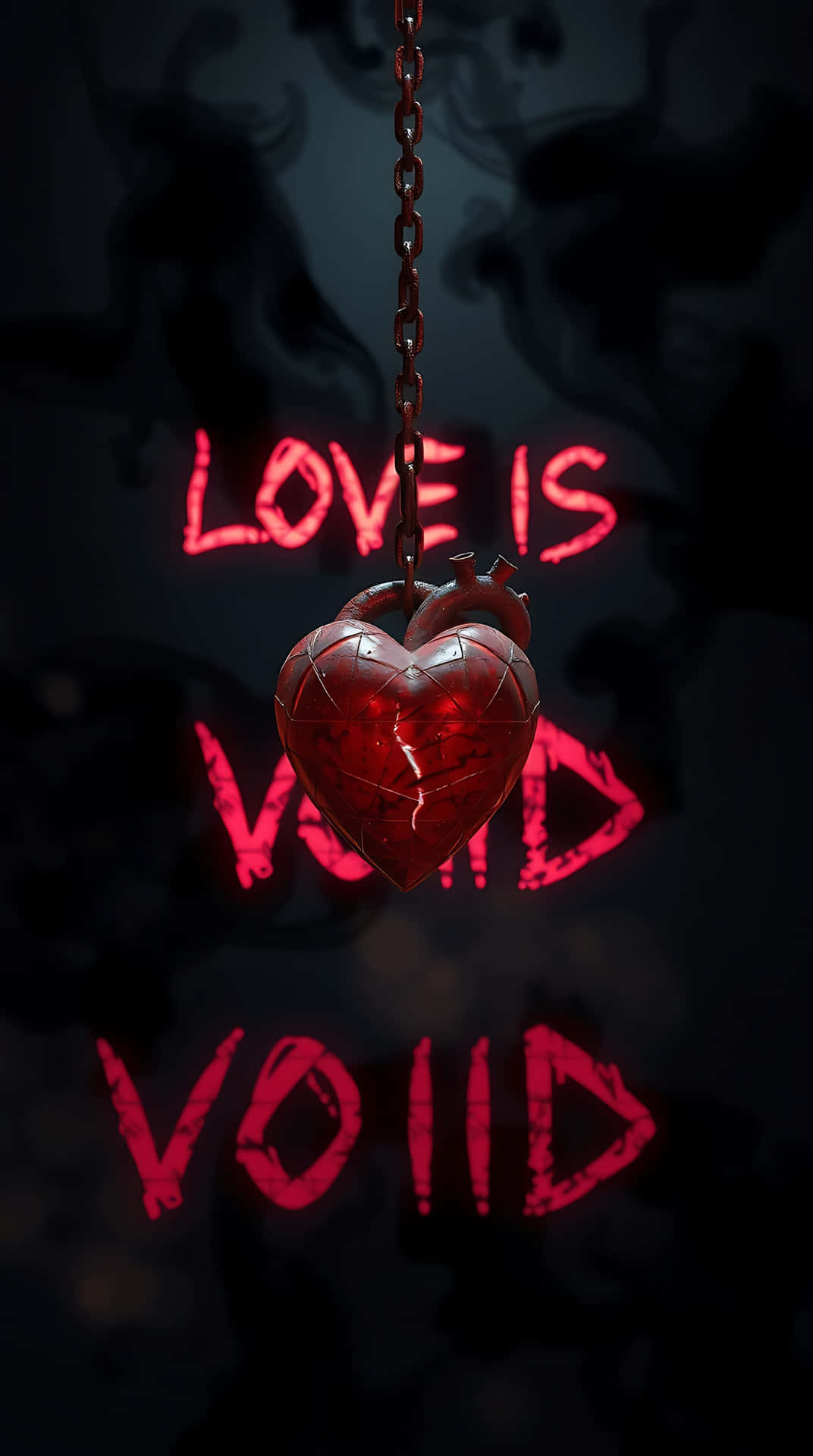 Void Love Rusted Chains & Crimson Glow 37-1 壁紙 — 一個破裂的紅色心形掛在一條生鏽的鏈條上，背景是黑暗煙霧彌漫，帶有發光的紅色文字寫著 love is void void。