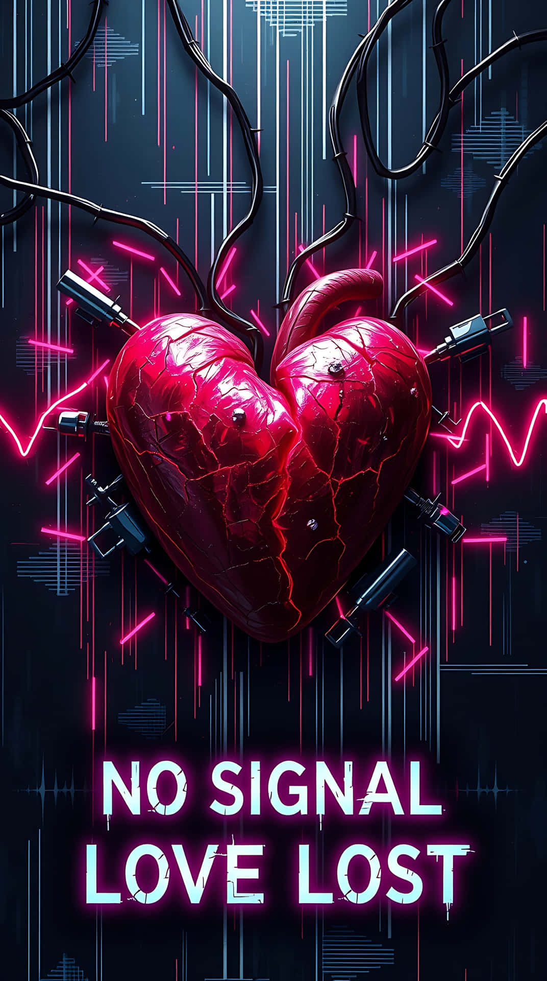Static Heartbeat Digital Glitch Love 38-2 壁紙 — 一個破裂的紅色心臟被電線刺穿，在黑暗背景上脈動，帶有霓虹粉紅線條和文字 no signal love lost。