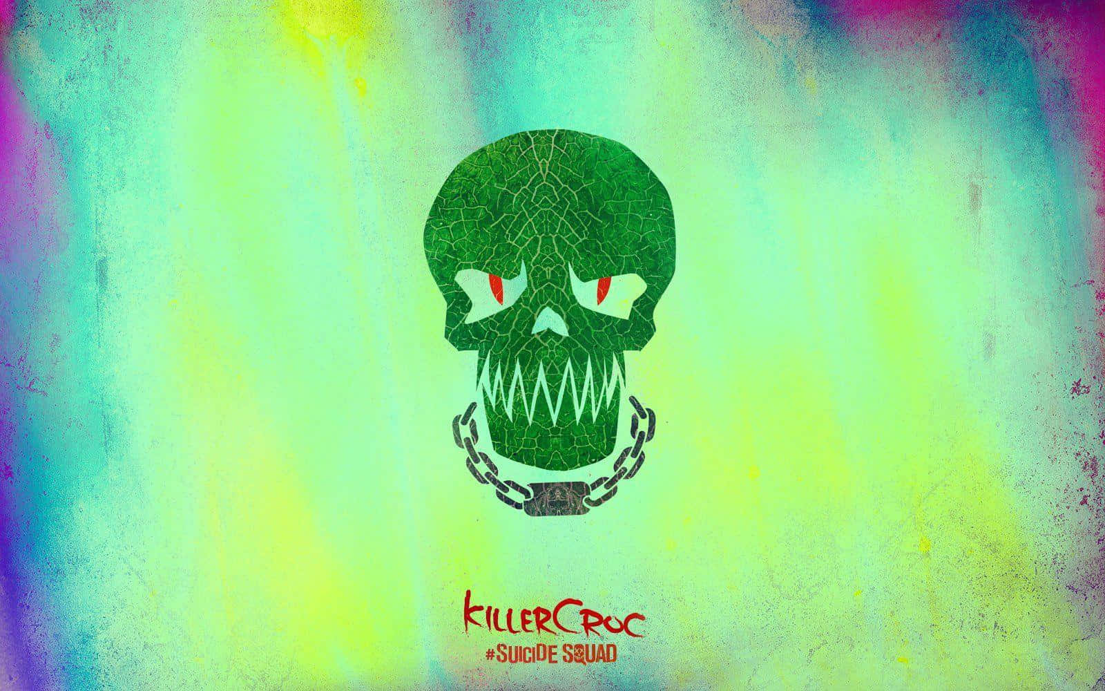 Killer Croc 桌布 壁紙 — 一個破裂的綠色頭骨，帶有紅色眼睛和一條鏈條，懸掛在充滿活力的霓虹漸變背景上。