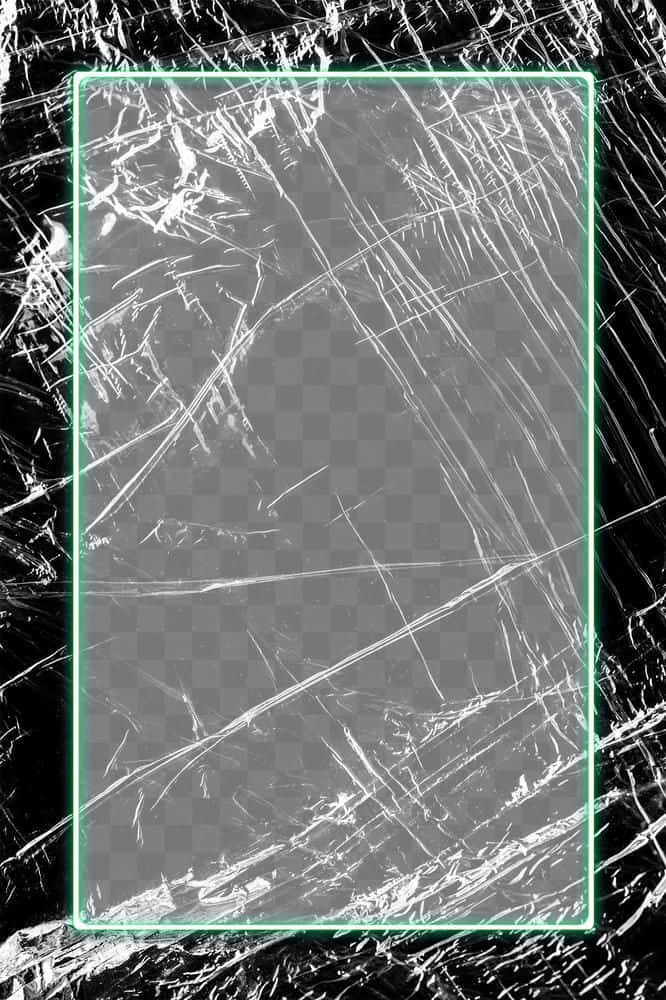 Frame 桌布 壁紙 — 一個破裂的螢幕，帶有發光的綠色邊框，背景是黑白碎玻璃。