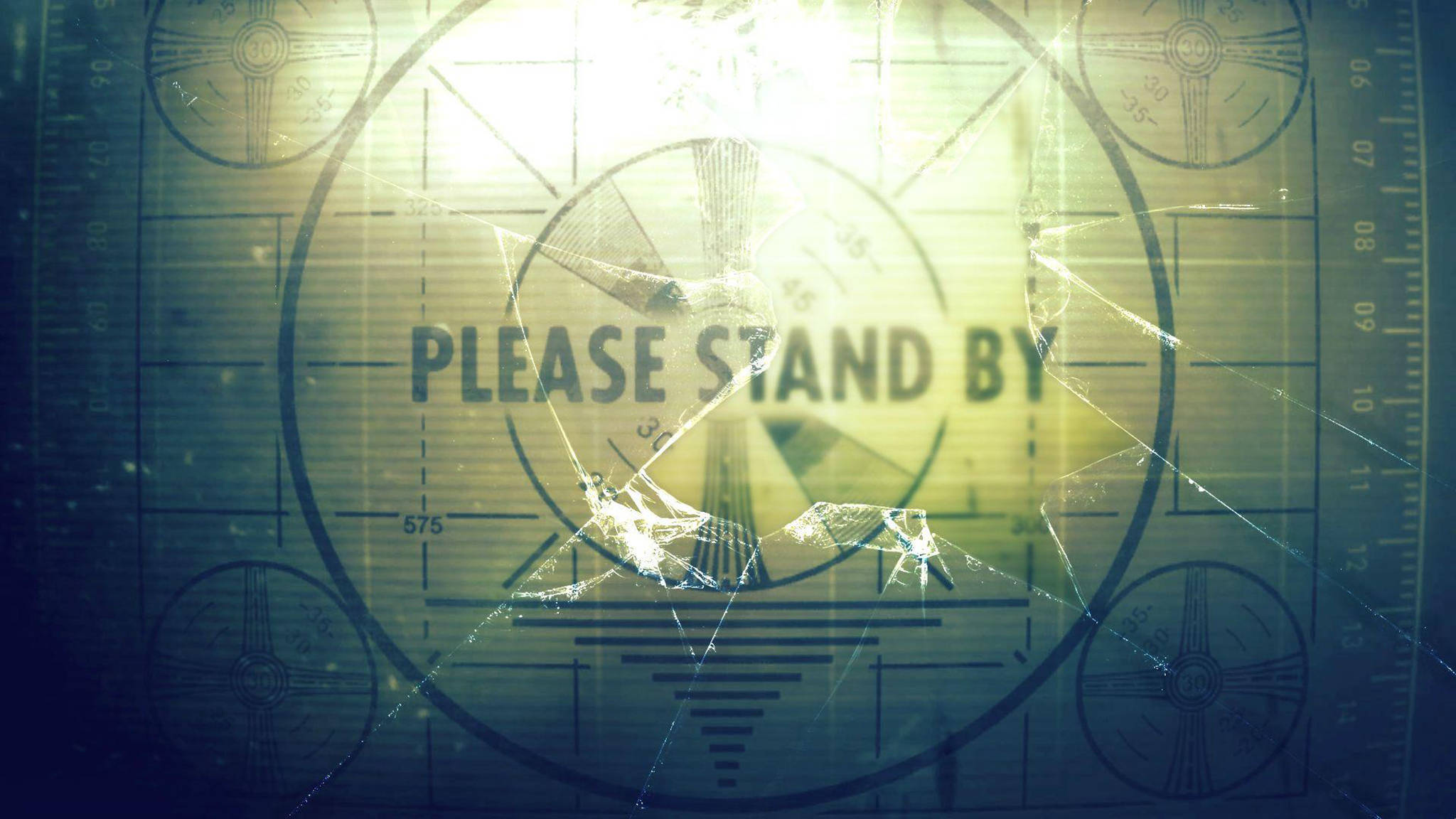 please 桌布 壁紙 — 一個破裂的螢幕顯示復古雷達介面，'PLEASE STAND BY' 文字在強光下發光。