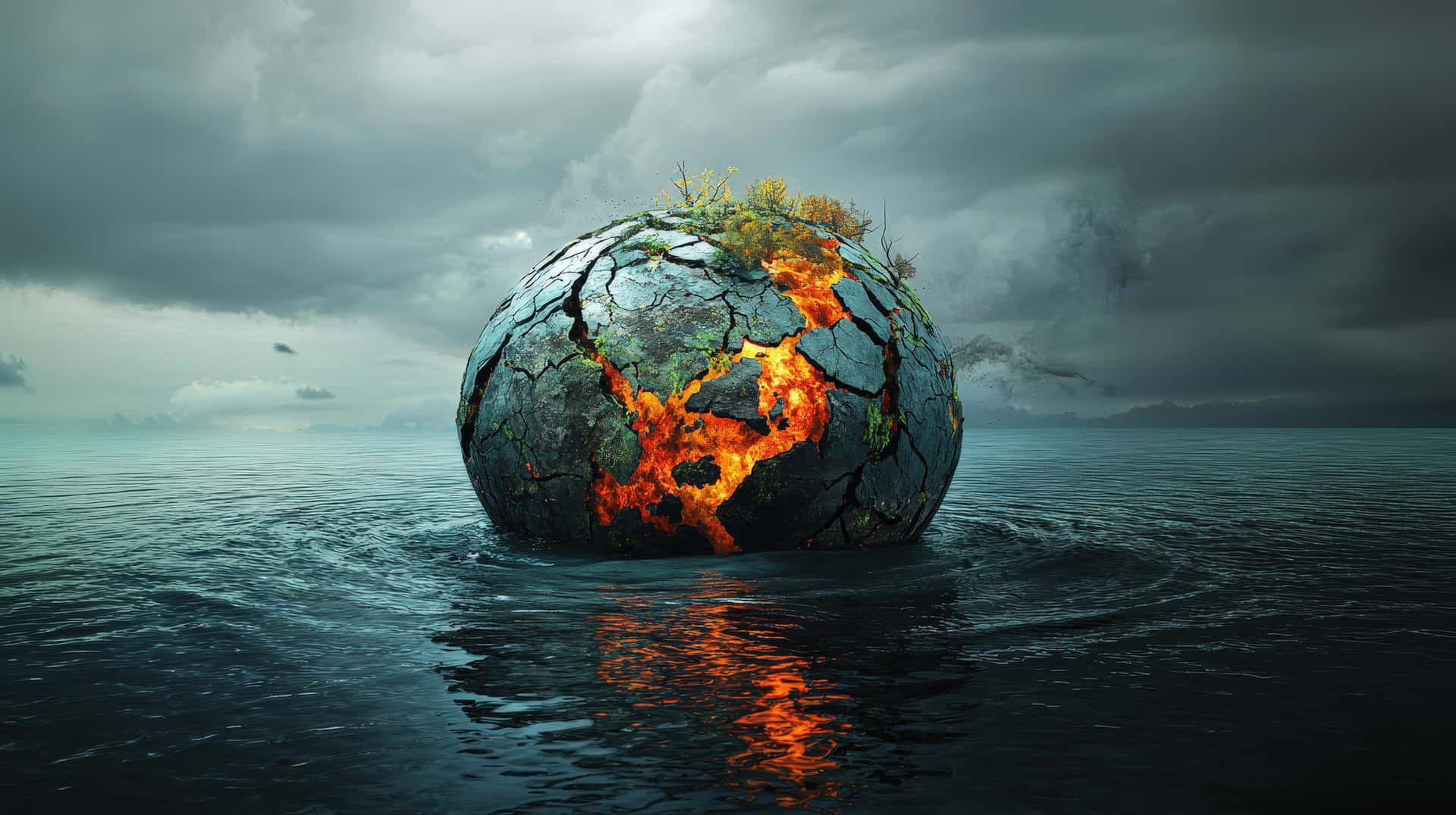 A dramatic fantasy scene of a cracked, molten Earth emerging from the ocean, symbolizing destruction 壁紙 — 一個破裂的行星半浸在暗水中，有發光的橙色熔岩和稀疏的綠色植被，在暴風雨的灰色天空下。