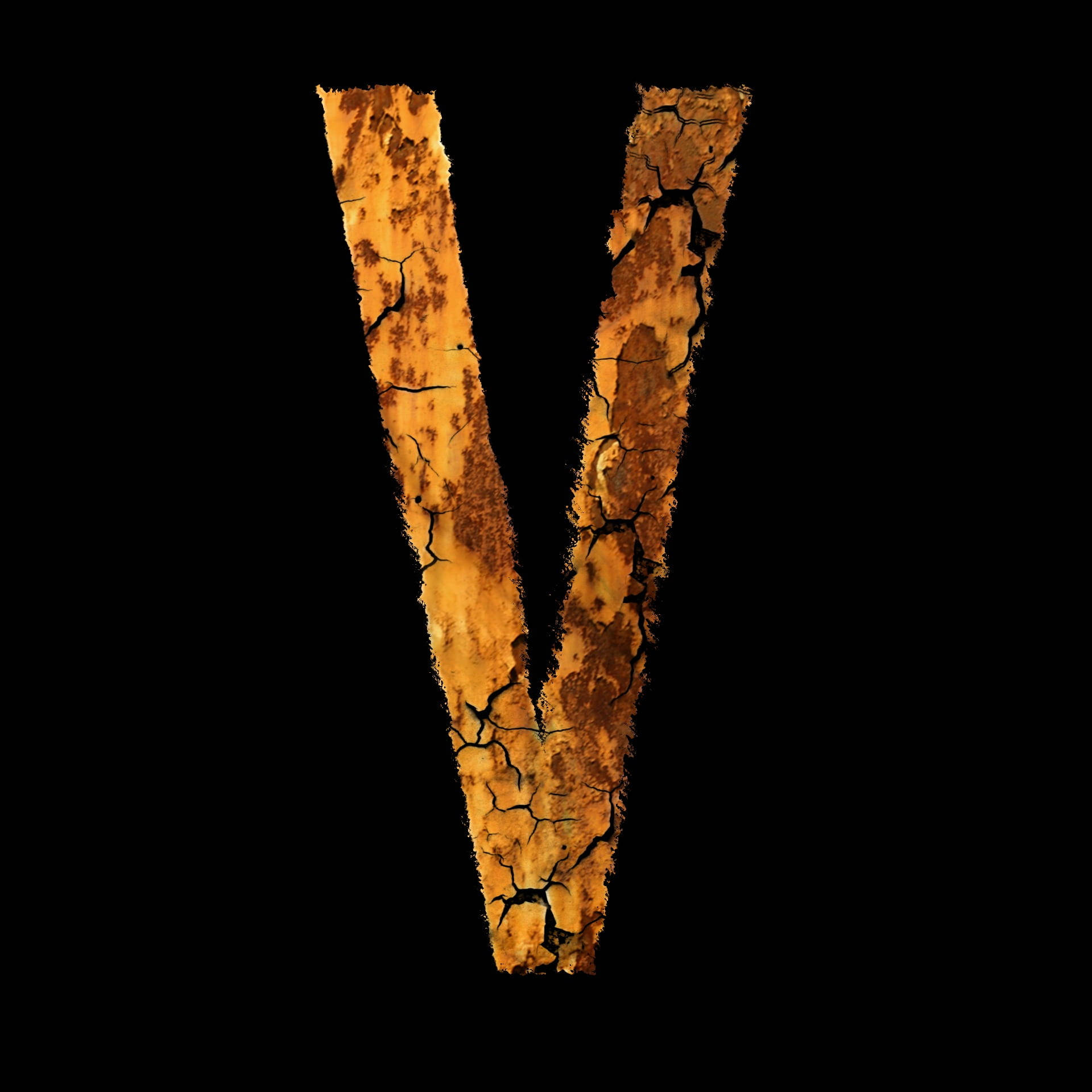 v 桌布 壁紙 — 一個破裂的金色字母V在帶有紋理大地色調的純黑背景上大膽地矗立。