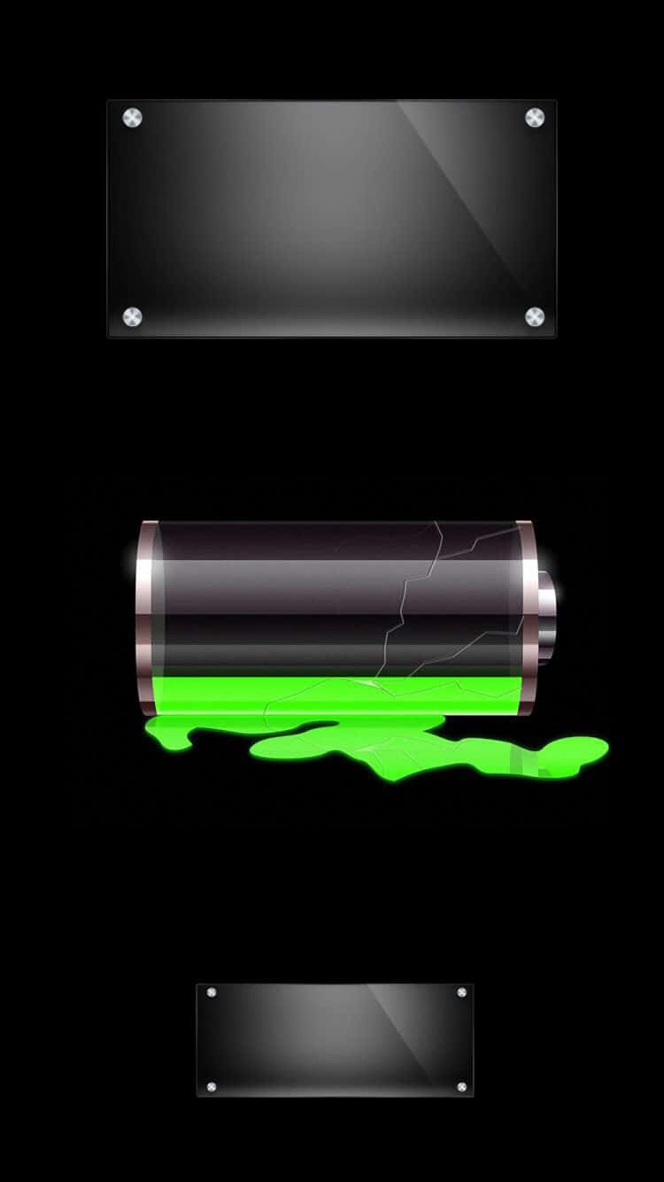 Creative iPhone 桌布 壁紙 — 一個破裂的電池，發出綠色發光液體，在黑色背景上帶有玻璃面板。